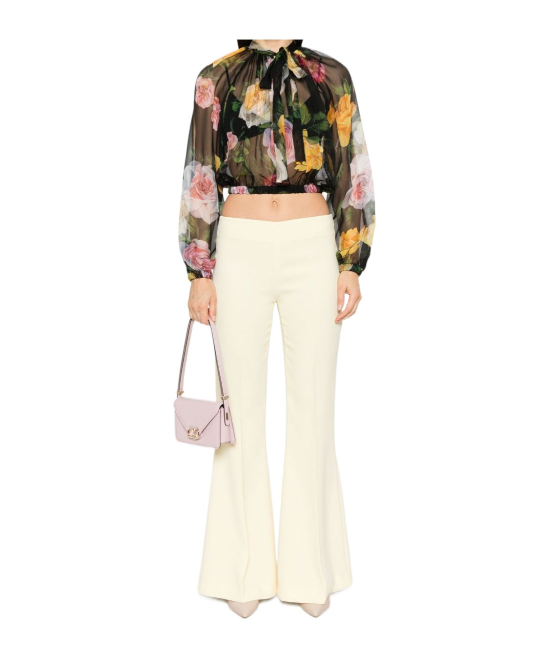 Dolce & Gabbana Rose Tie-neck Chiffon Cropped Blouse In Black
