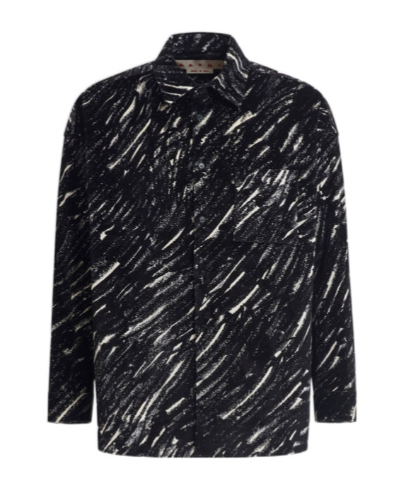 Marni Flocked Denim Oversized Shirt With Crayon Print In Black