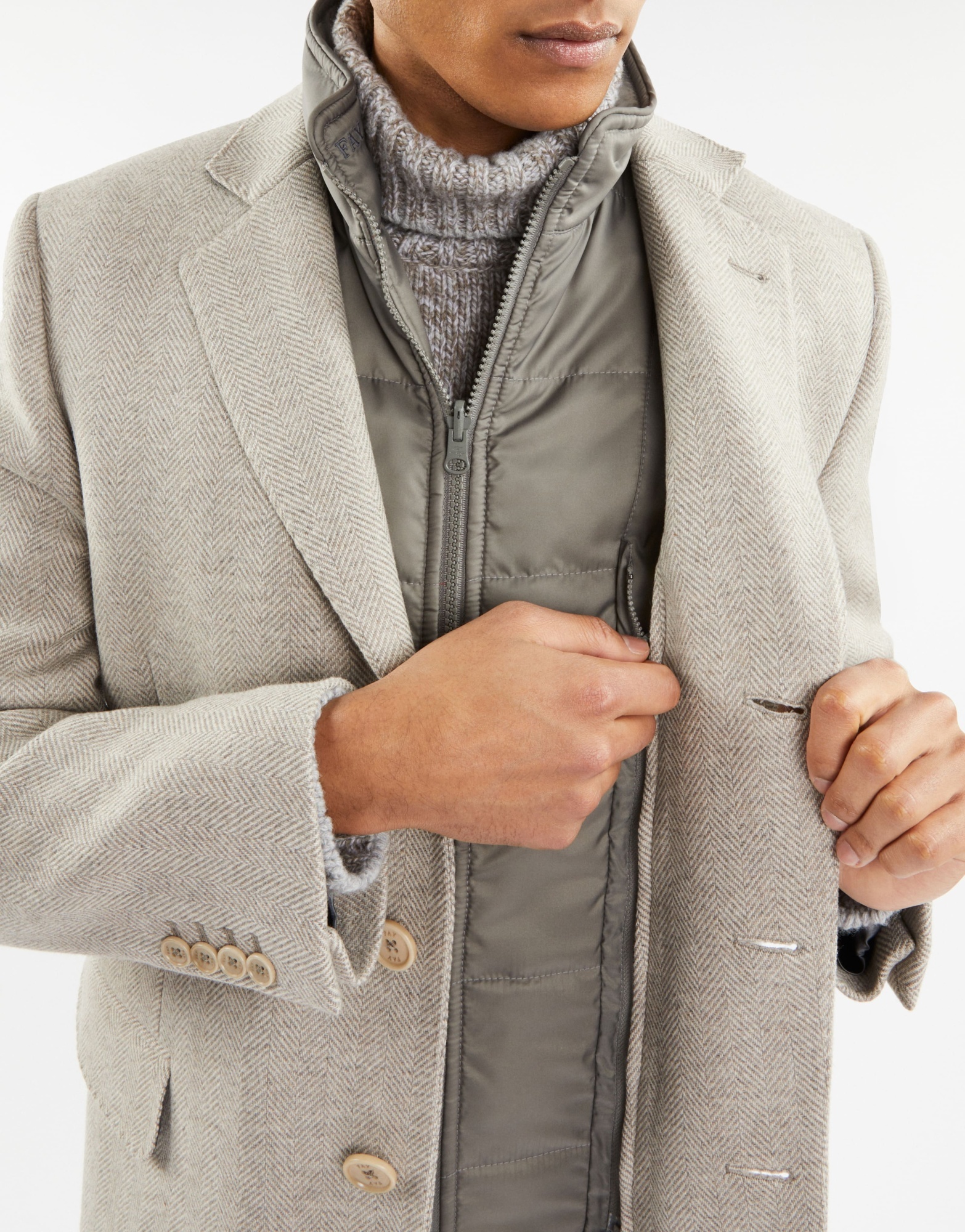 Shop Fay Double Coat With Herringbone Pattern In White