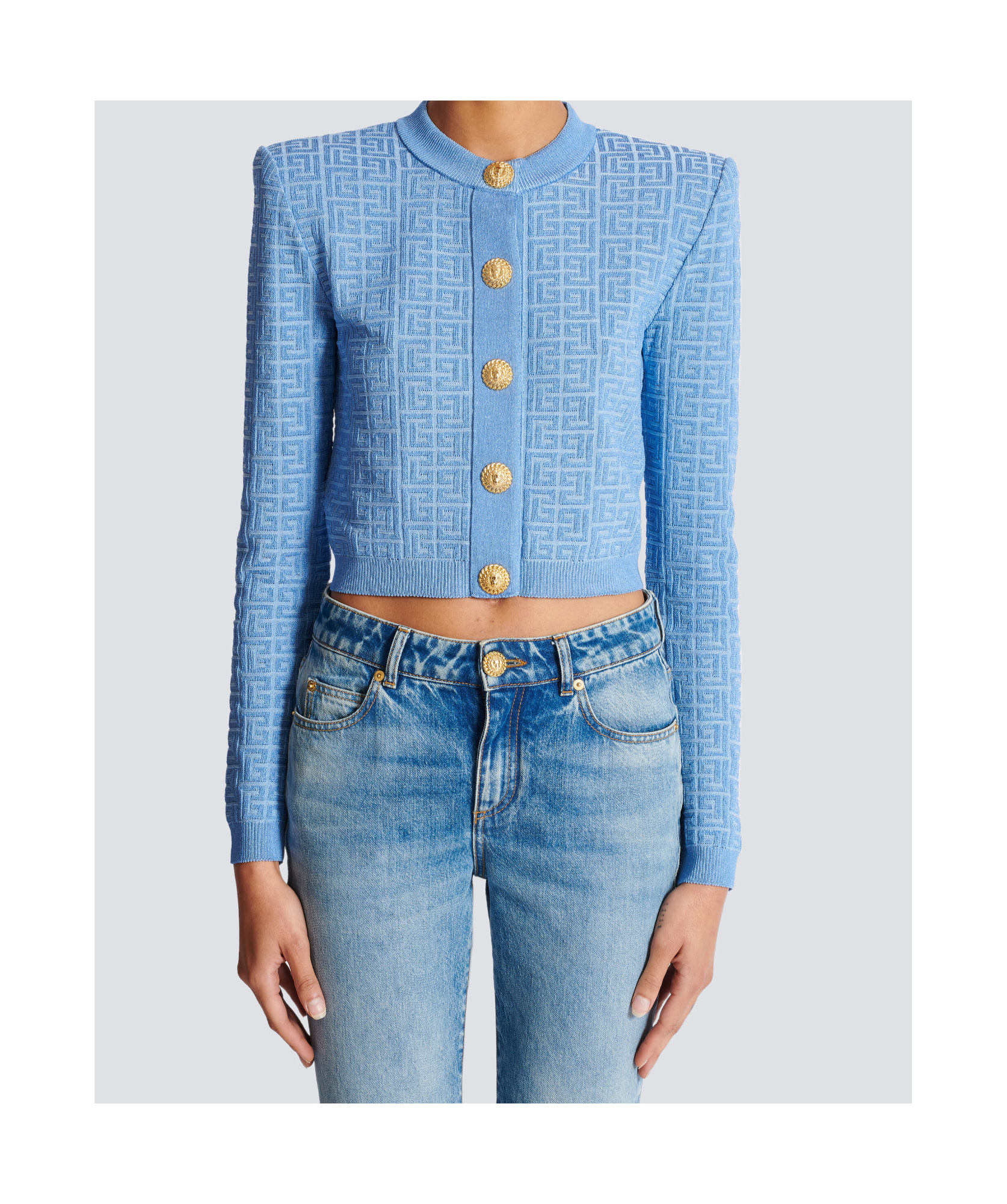 Balmain Pb Labyrinth Knitted Cropped Cardigan In Blue