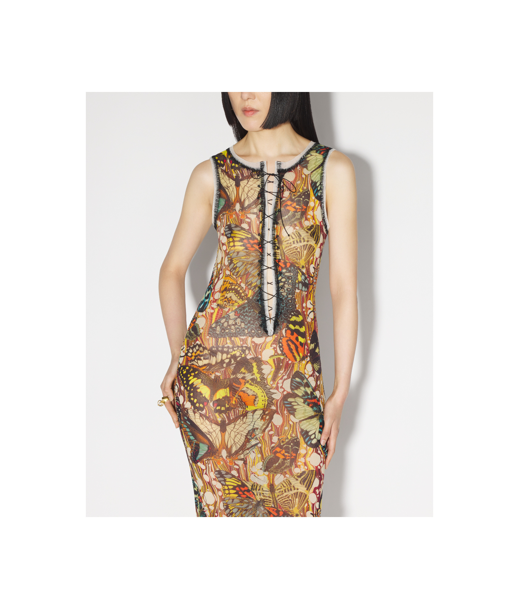 Jean Paul Gaultier Printed Lace-trimmed Mesh Maxi Dress In Multicolor