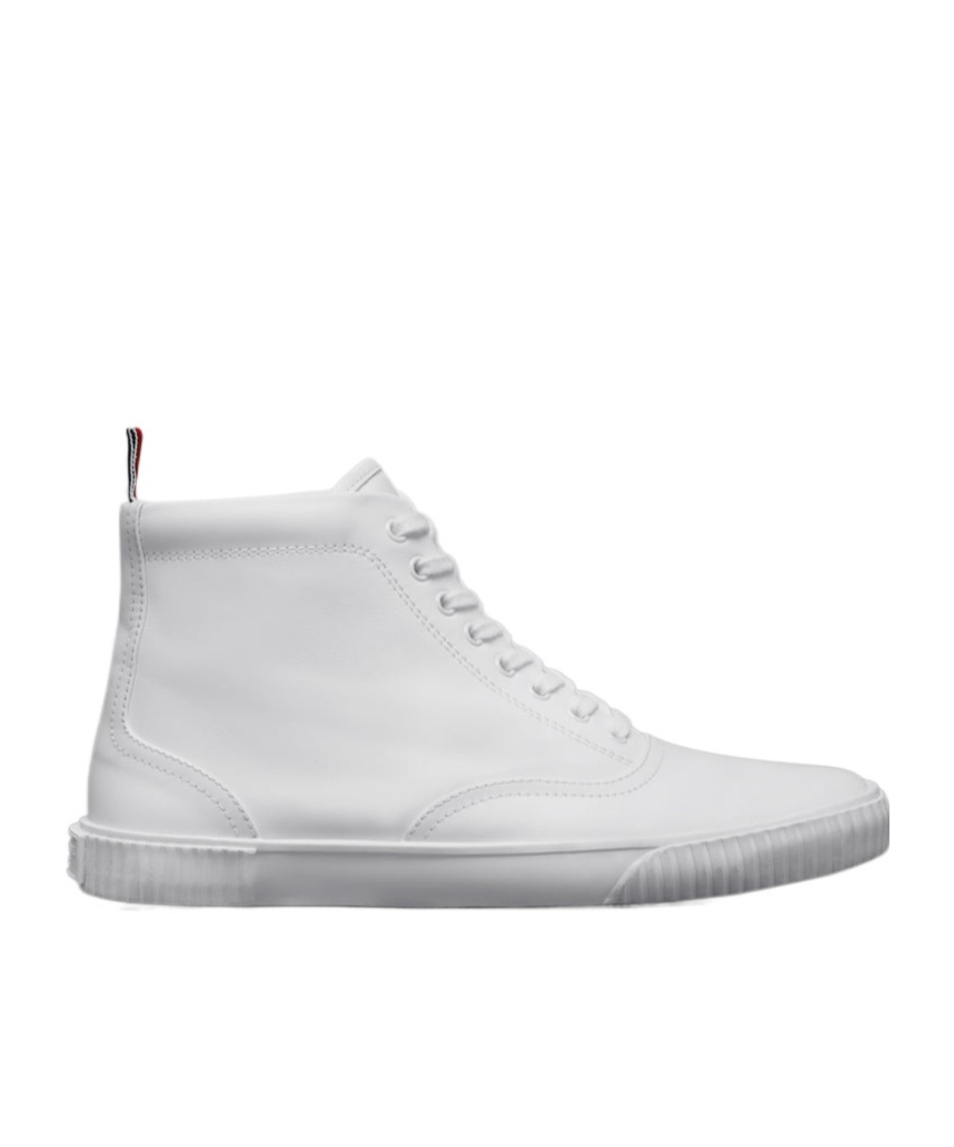 Thom Browne White Vitello Calf Leather High Top Heritage Sneakers In White