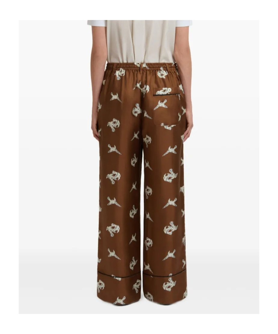 Marni Brown Silk Twill Trousers With Raven Print In Brown