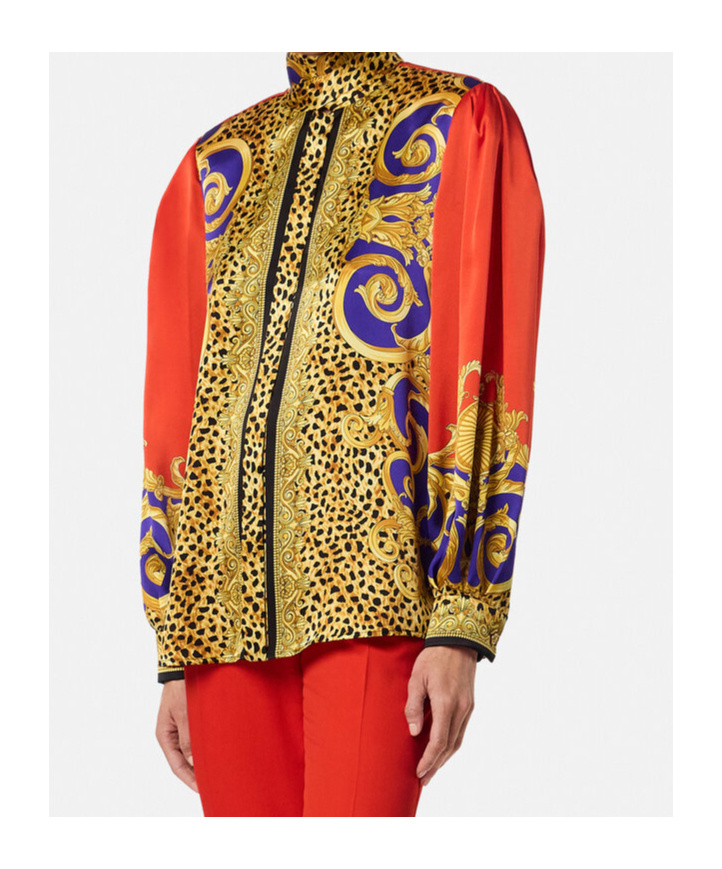 Versace Baroque-print Puff-sleeve Top In Green