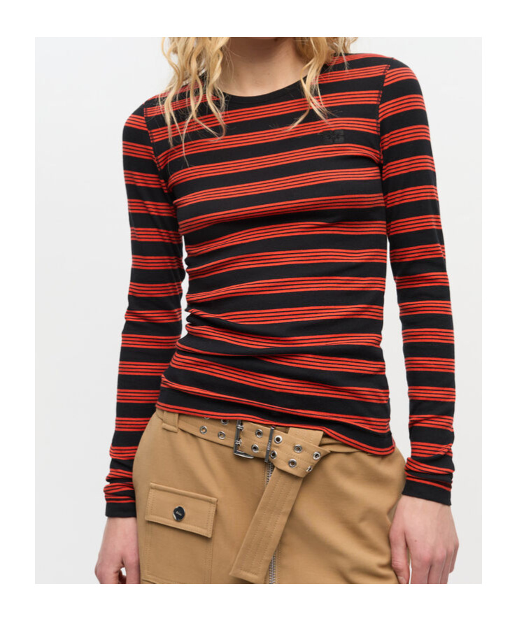 Ganni Fitted Long-sleeved T-shirt With Bold Striped Pattern In Red