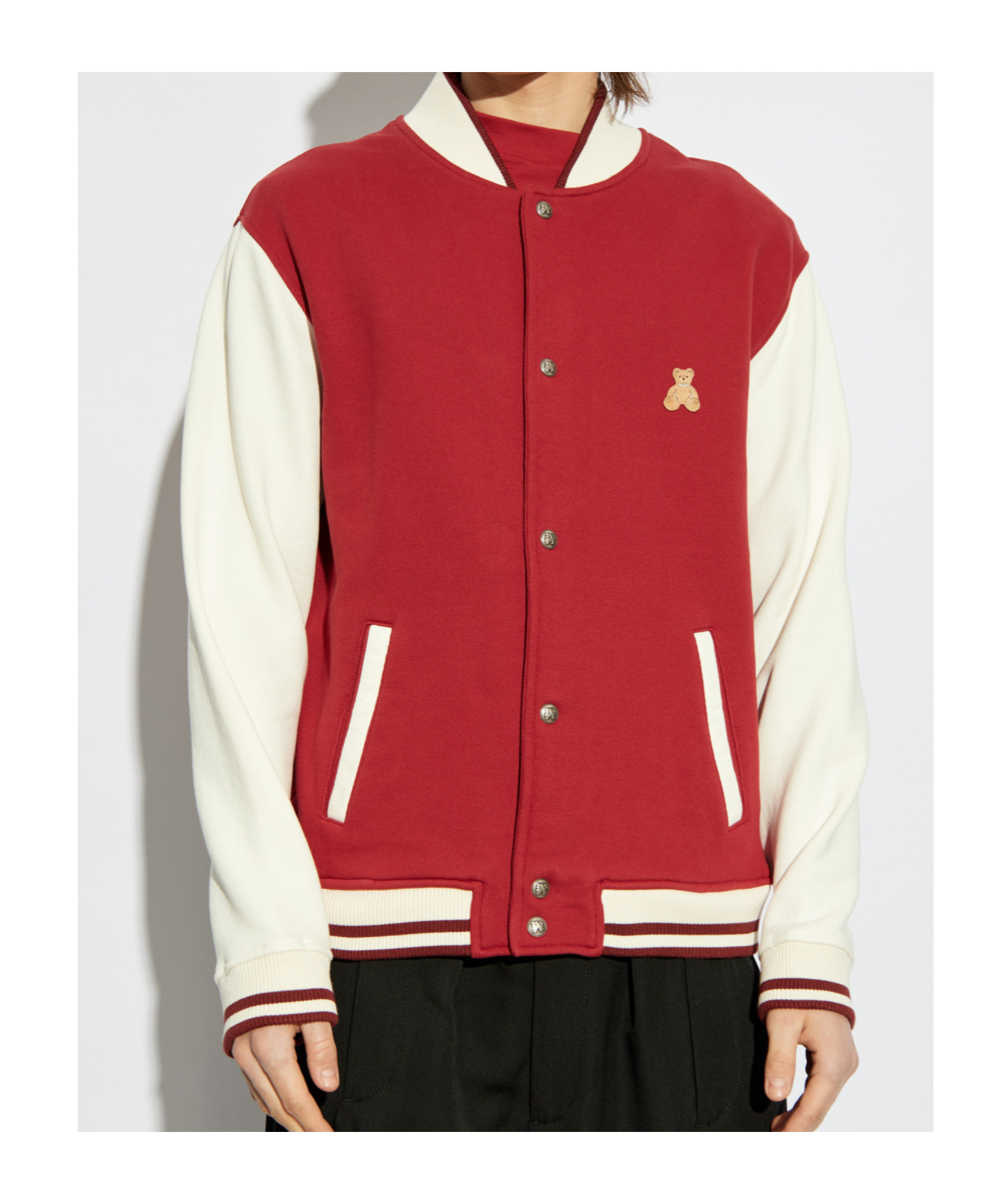 Palm Angels Red & White 'bear In Mind' Varsity Bomber Jacket In Red