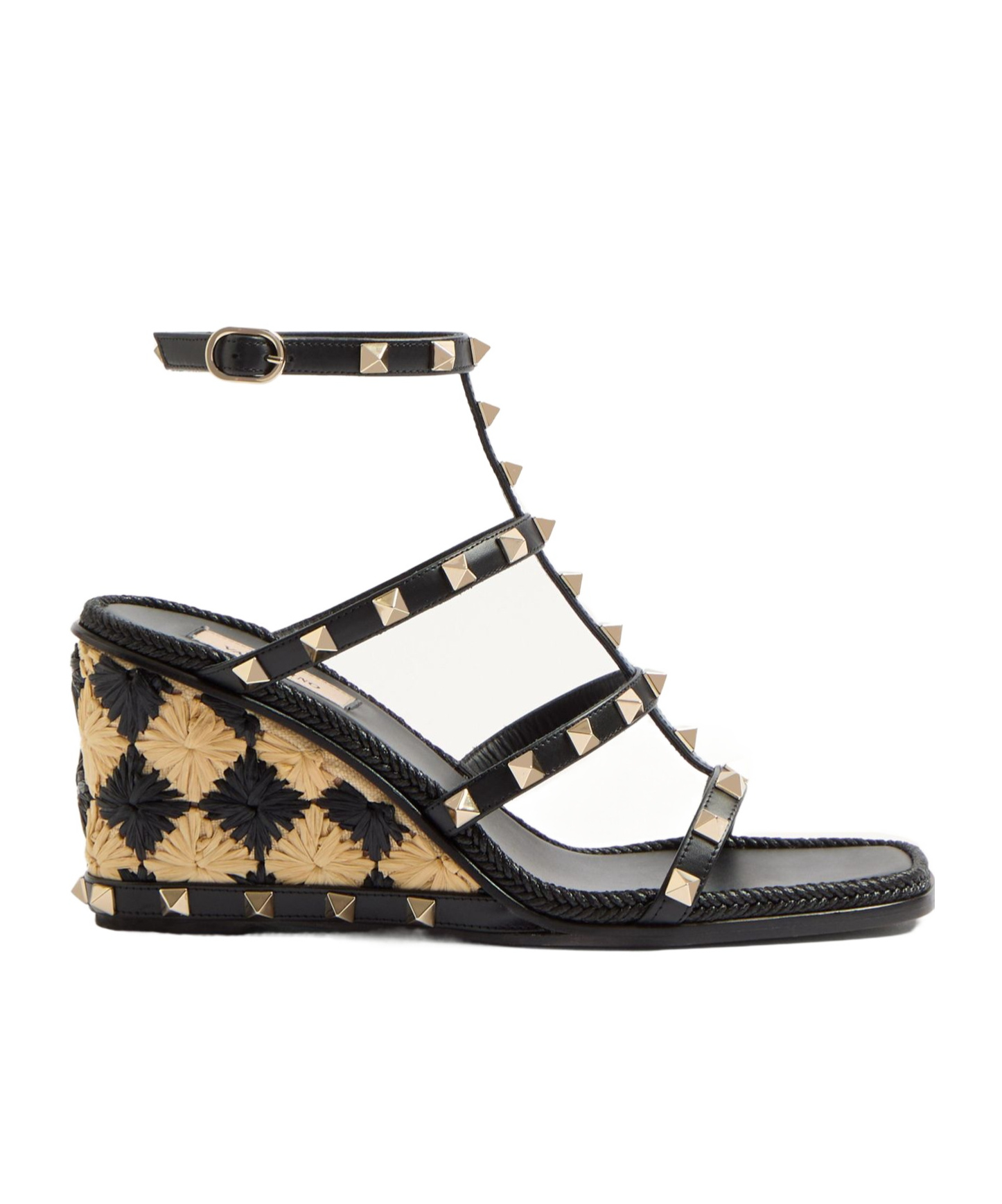 Valentino Rockstud Caged 90 Leather Ankle Strap Wedge Sandal In Black