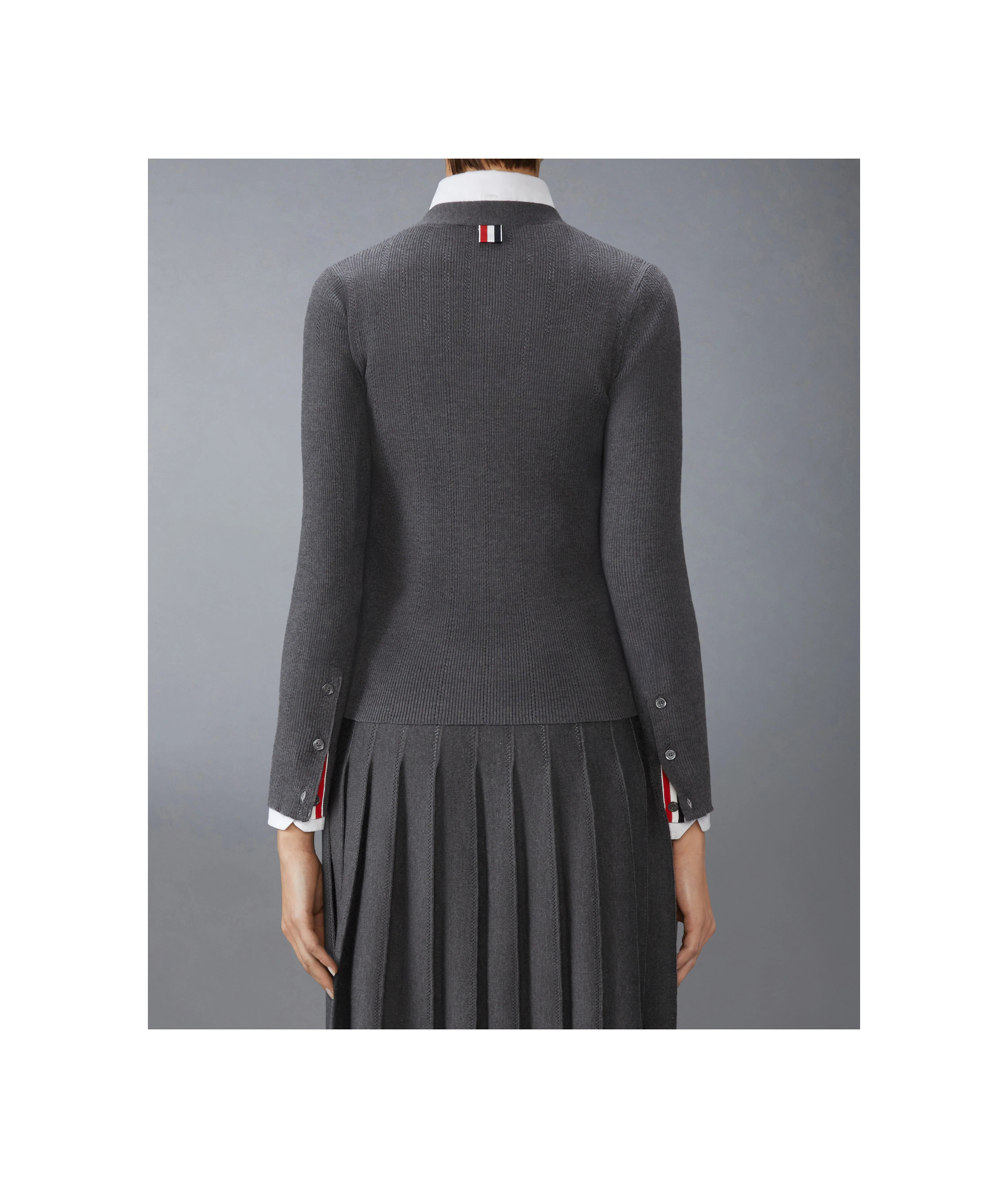 Thom Browne Pointelle Ribbed Knit Cardigan In Gray