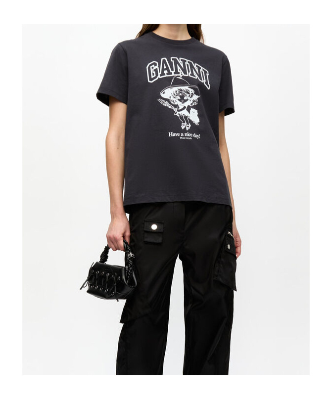 Ganni Black Crewneck T-shirt With Maxi Logo Lettering On The Front And Maxi Print On Front And Rear In Black