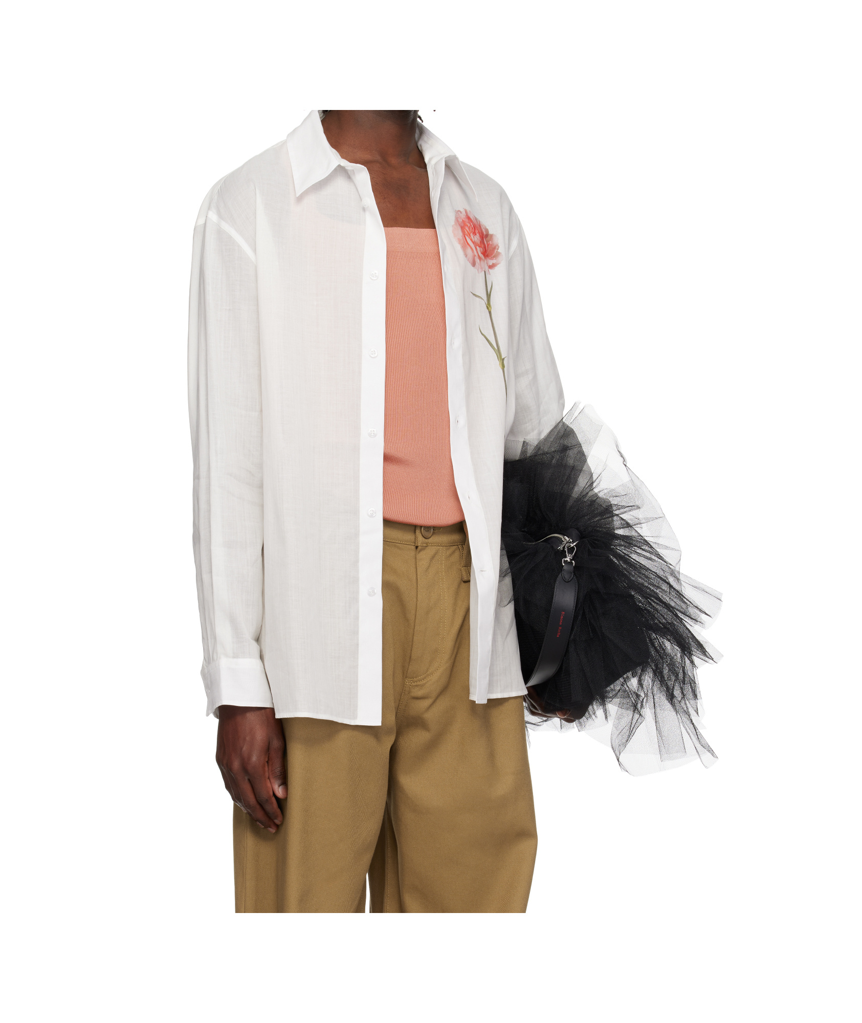 Simone Rocha Carnation Print Easy Cotton Voile Button-up Shirt In Lapel Collar, Long Sleeves And Button Closure.