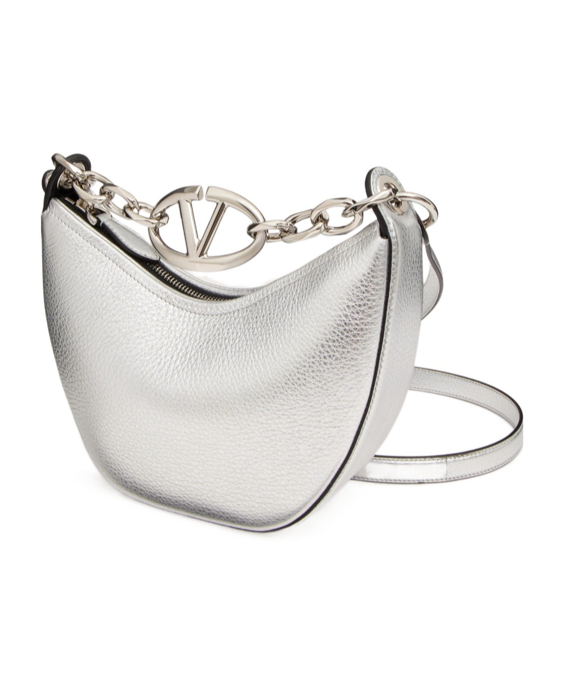 Shop Valentino Vlogo Moon Mini Hobo Bag In Metallic Grainy Calfskin With Chain In White