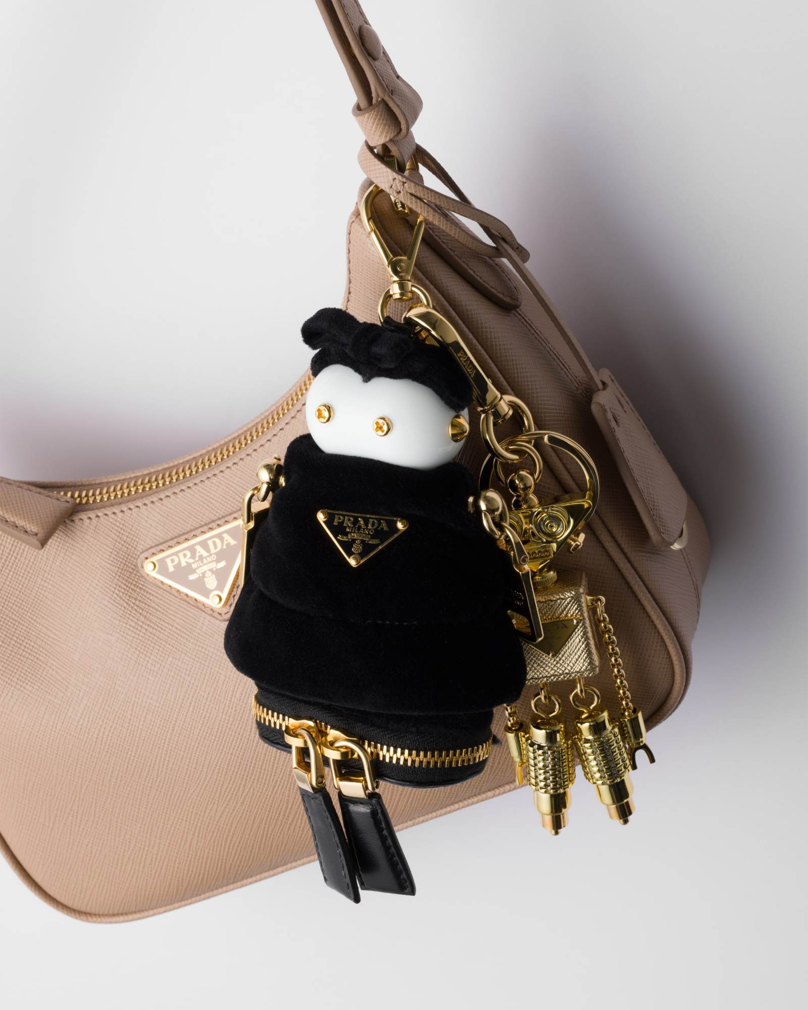 Prada Soft Robot Velvet Bag Charm With Shoulder Strap In Black
