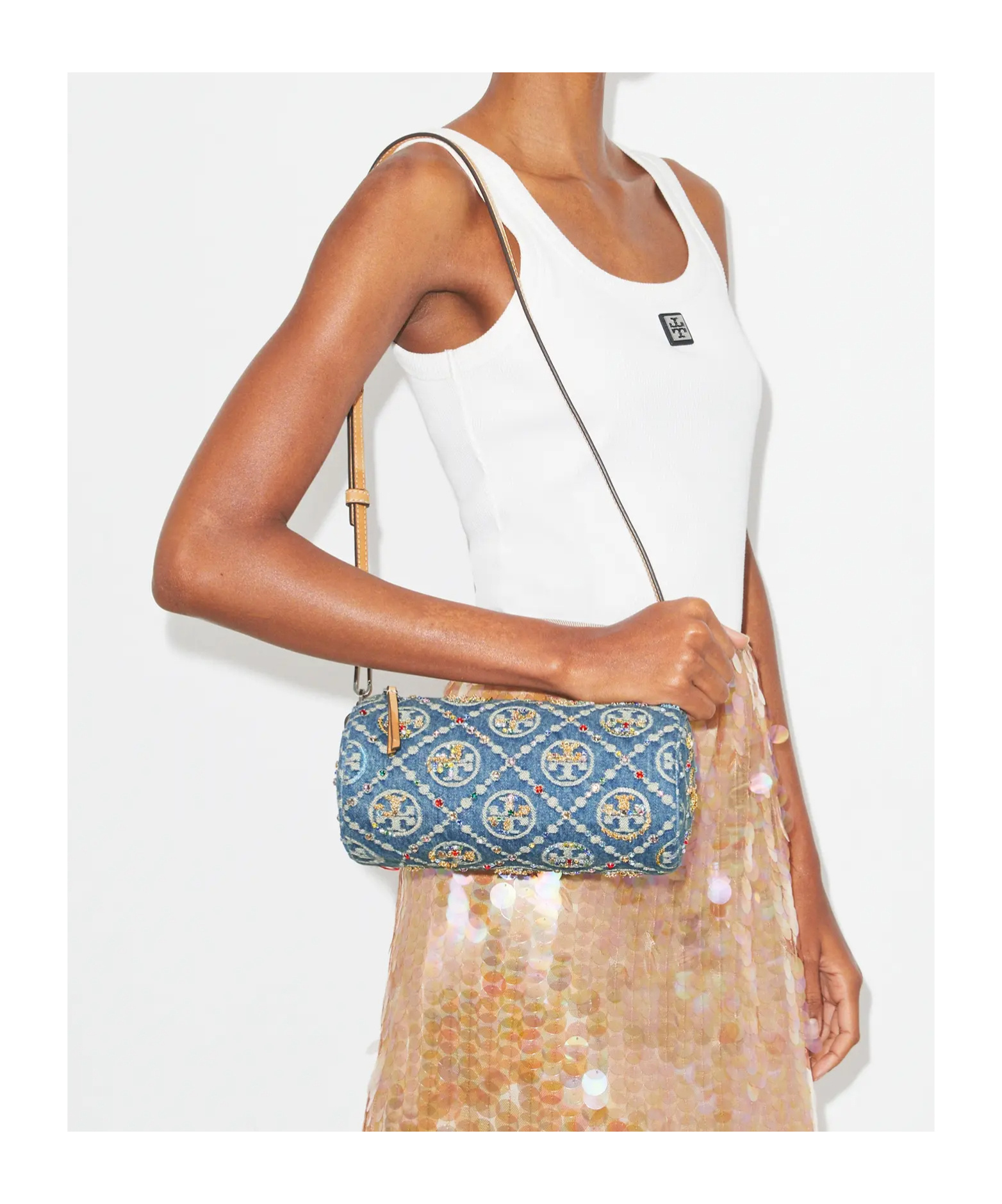 Tory Burch T Monogram Denim Cylindrical Bag