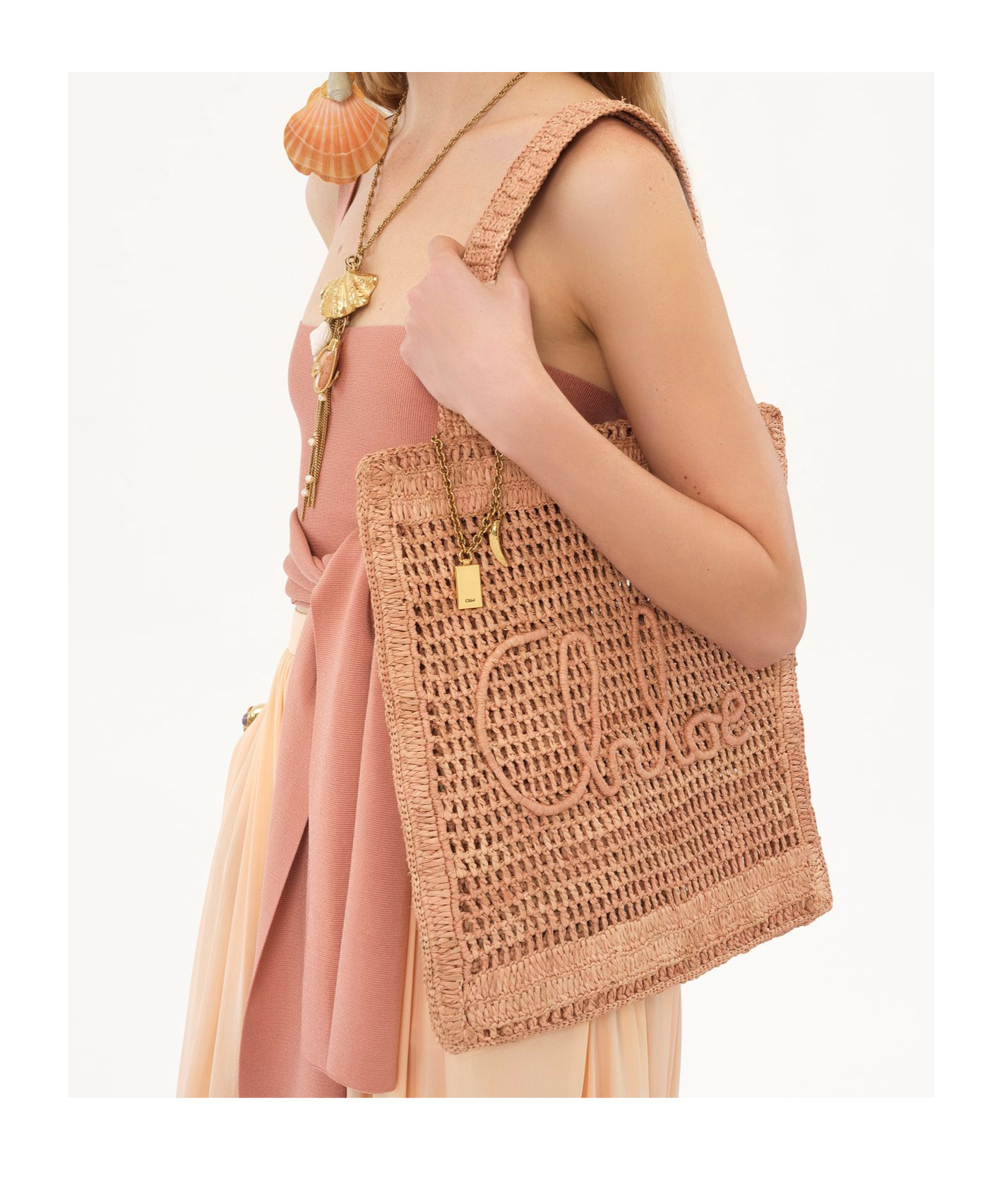 Chloé Summer Banana Embellished Crocheted Embroidered Faux Raffia Tote In Nude