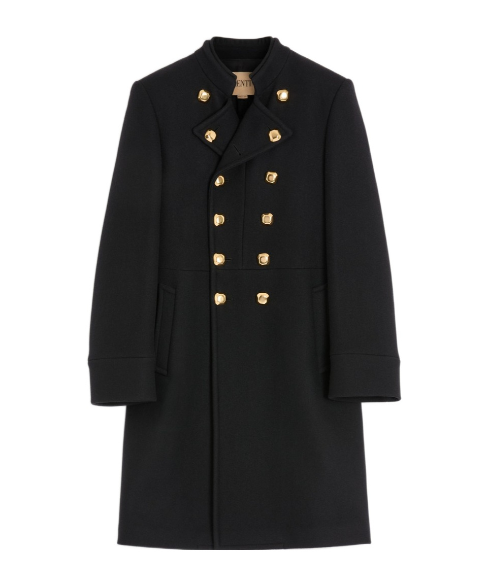 Valentino Double-breasted Coat In Double Wool In Black