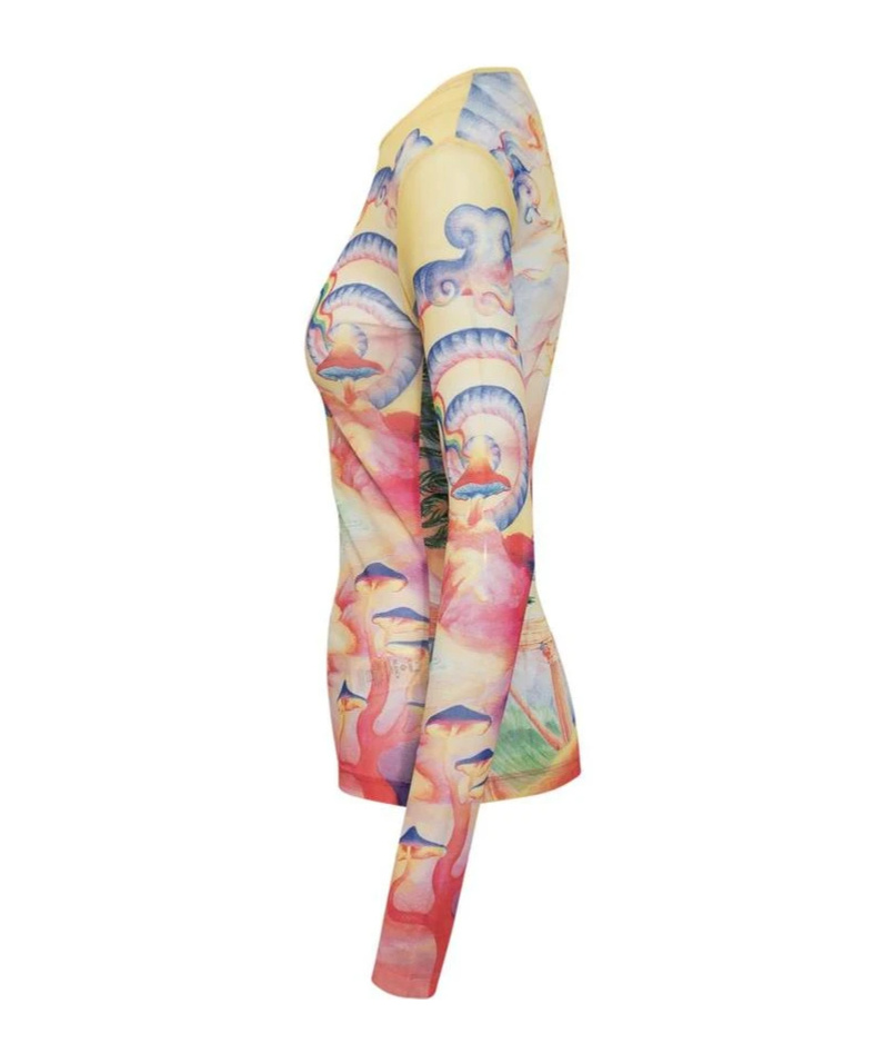 Casablanca Crewneck Mesh Top Graphic Print In Nude