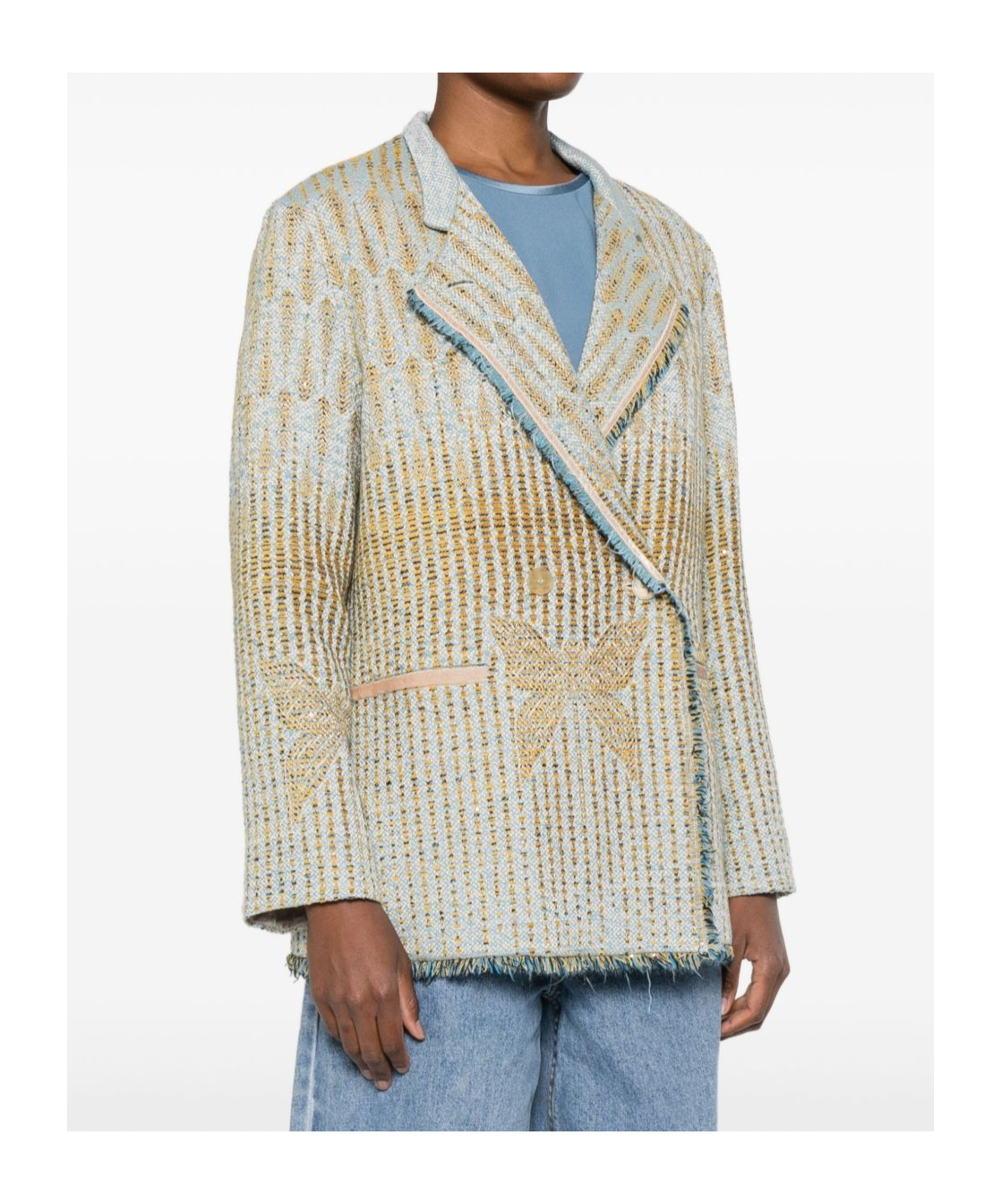 Forte Forte Textured Jacquard Blazer With Notched Lapel And Frayed Edges In Blue