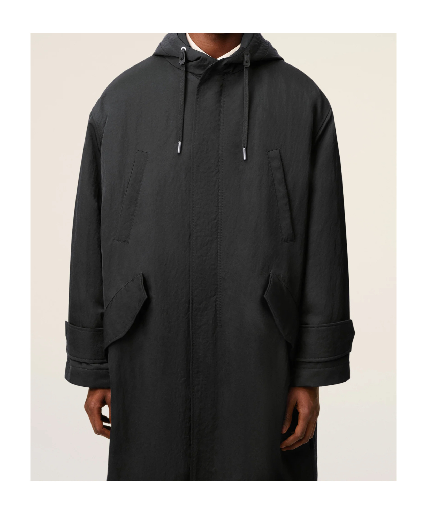 Ami Alexandre Mattiussi Long Grey Polyamide Jacket With Adjustable Hood And Flap Pockets In Black