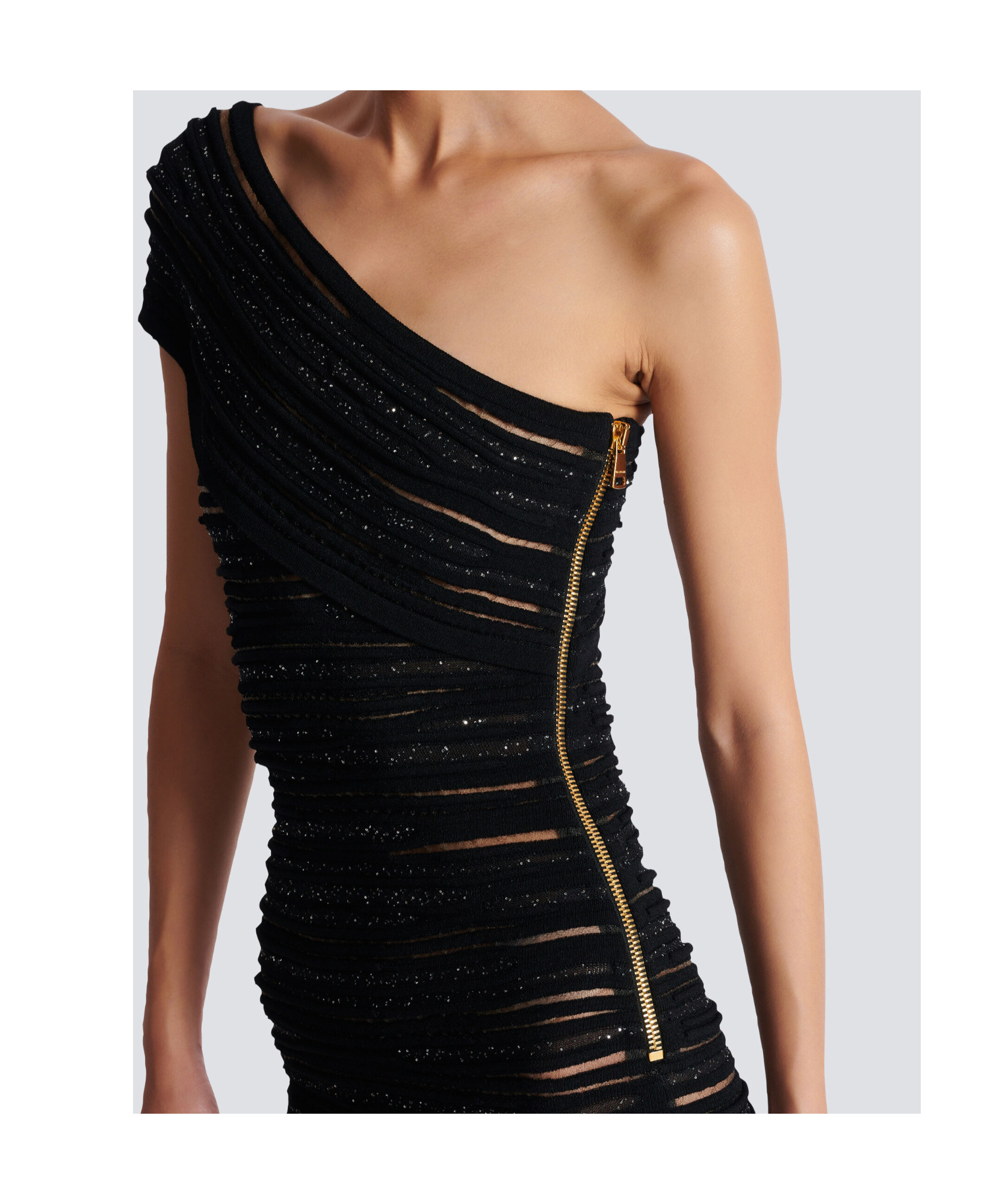 Balmain One-shoulder Sequin-embellished Ribbed-knit Mini Dress In Black