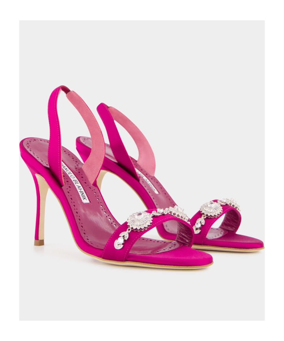 Manolo Blahnik Pink Satin Embellished Slingback Sandals In Pink