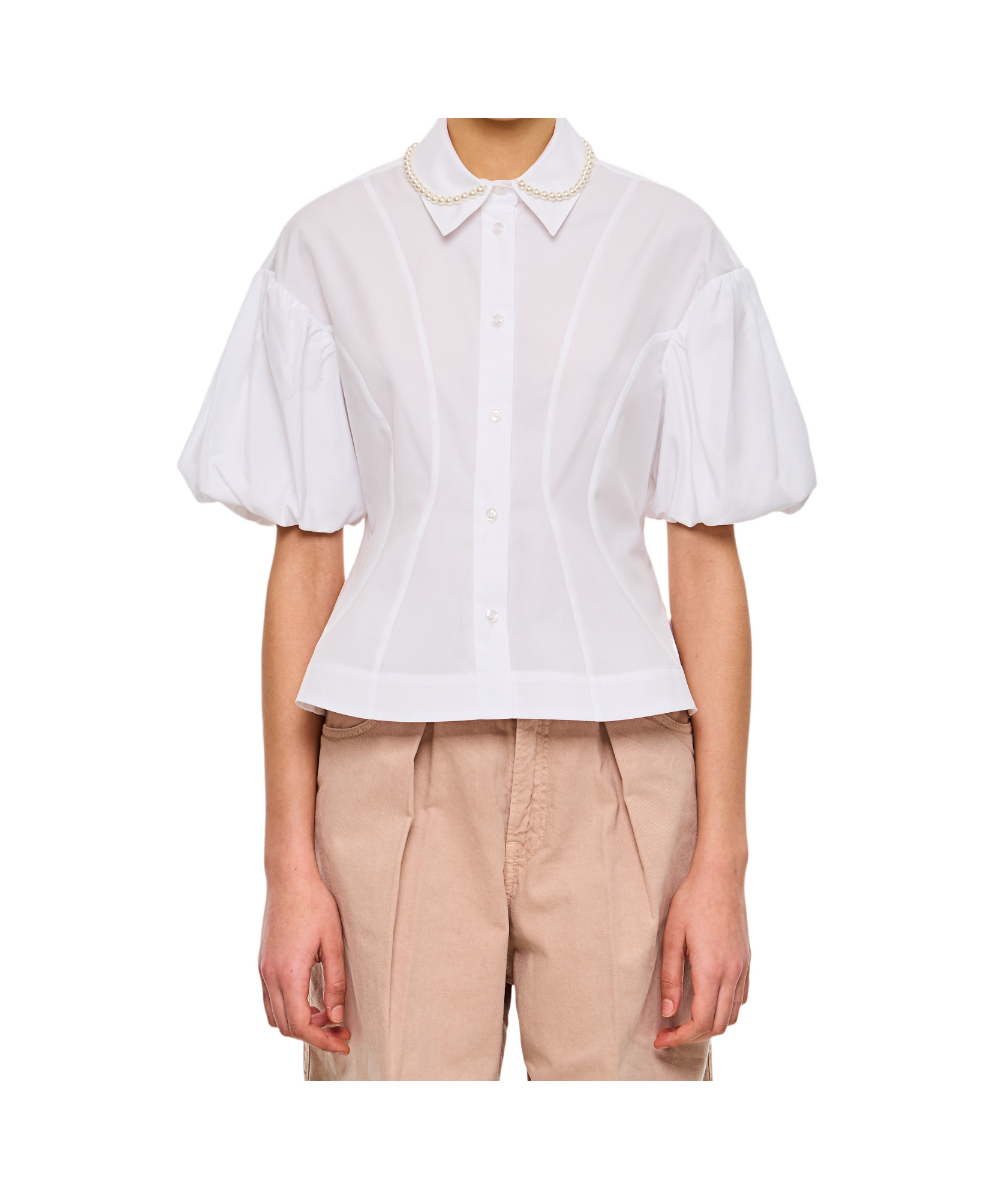 Simone Rocha Puff Sleeves White Shirt With Pearl-embellished Collar In White Pearl