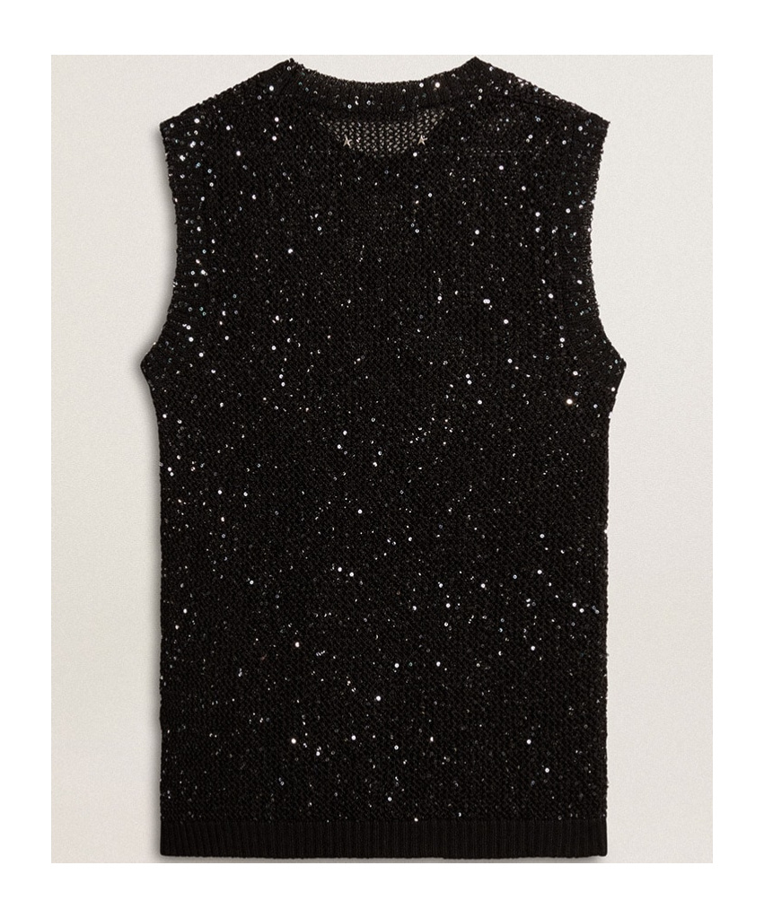 Shop Golden Goose Black Mesh Knit Top With Sequins And Contrasting Details