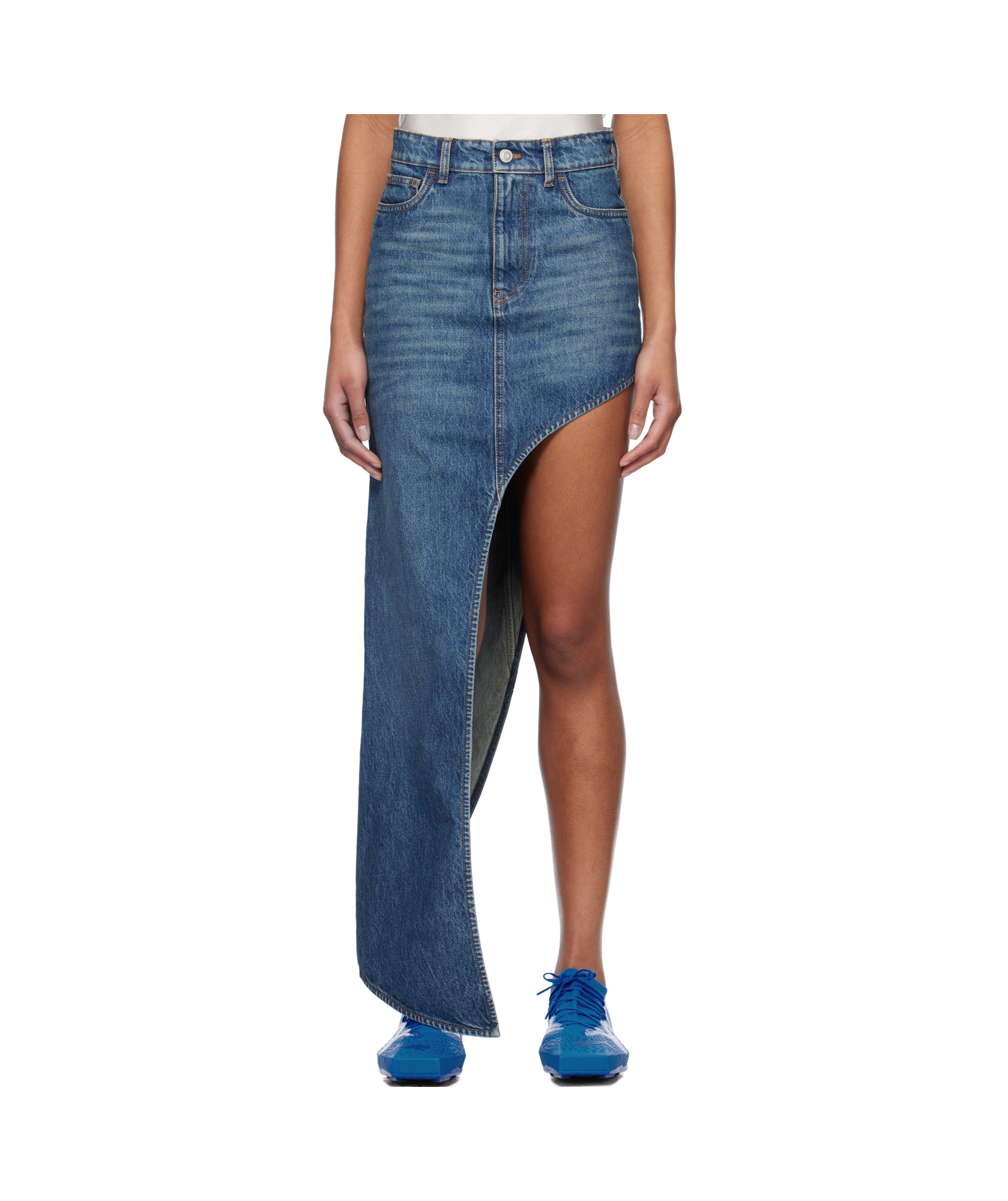 Coperni Blue Skirt With Logo Patch On The Rear And Diagonal One-leg Cut In Denim Woman In Blue