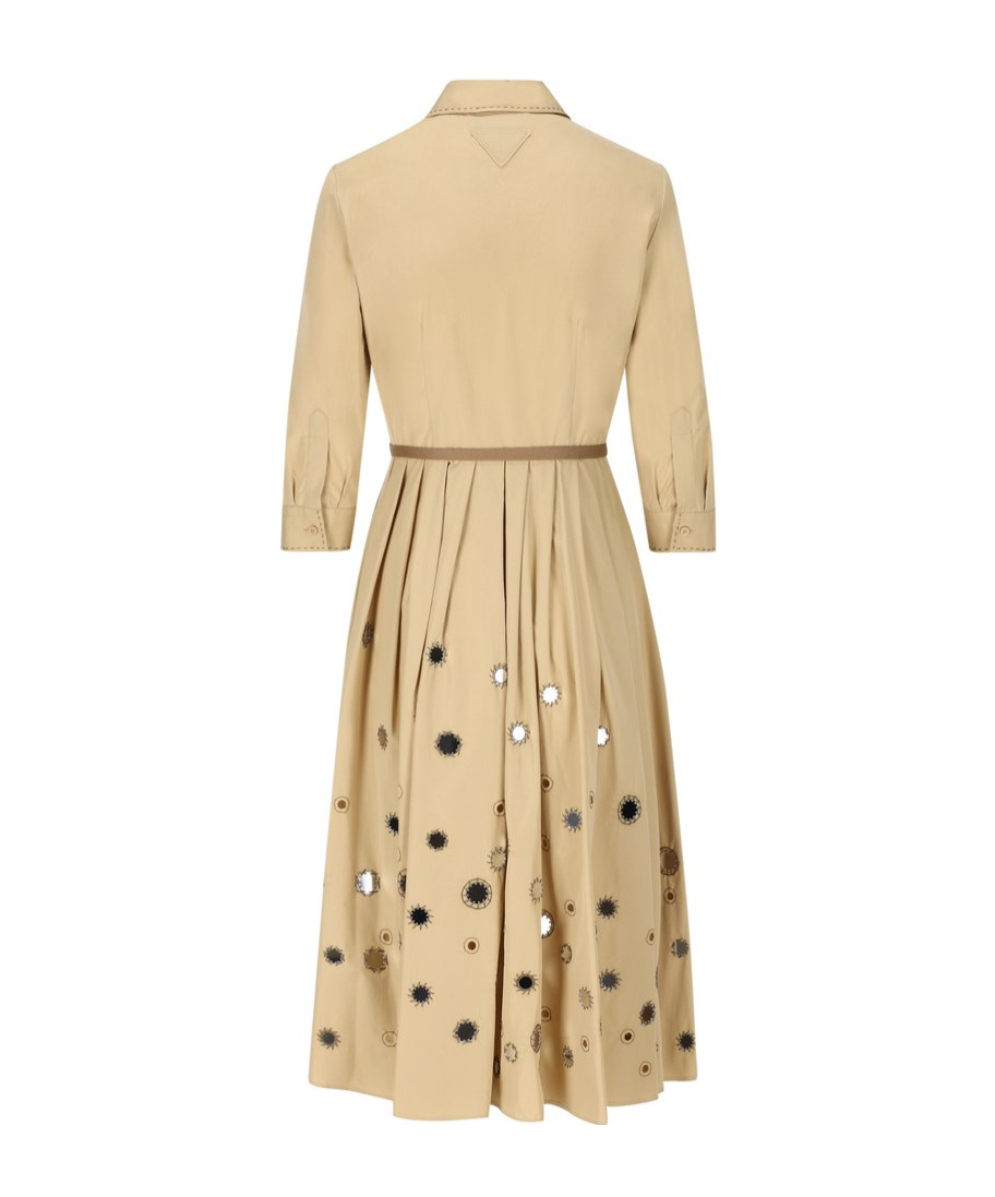 Prada Mirror Embellished Belted Midi Dress In Brown
