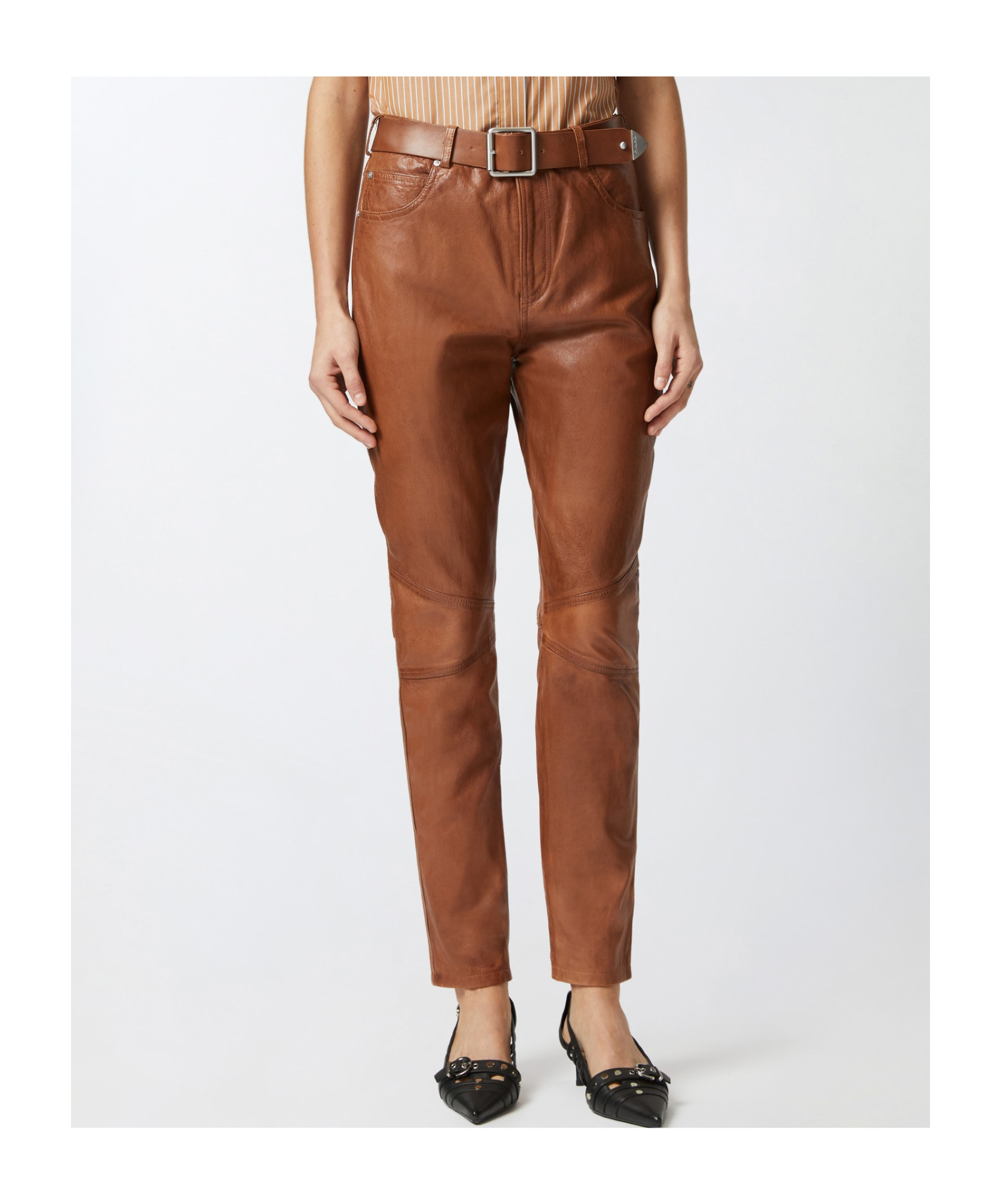 Pinko Leather Trousers With Belt In Brown