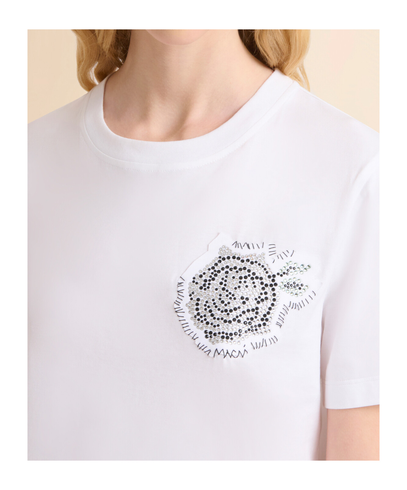 Marni White Cotton T-shirt With Rhinestone Rose In Lily White