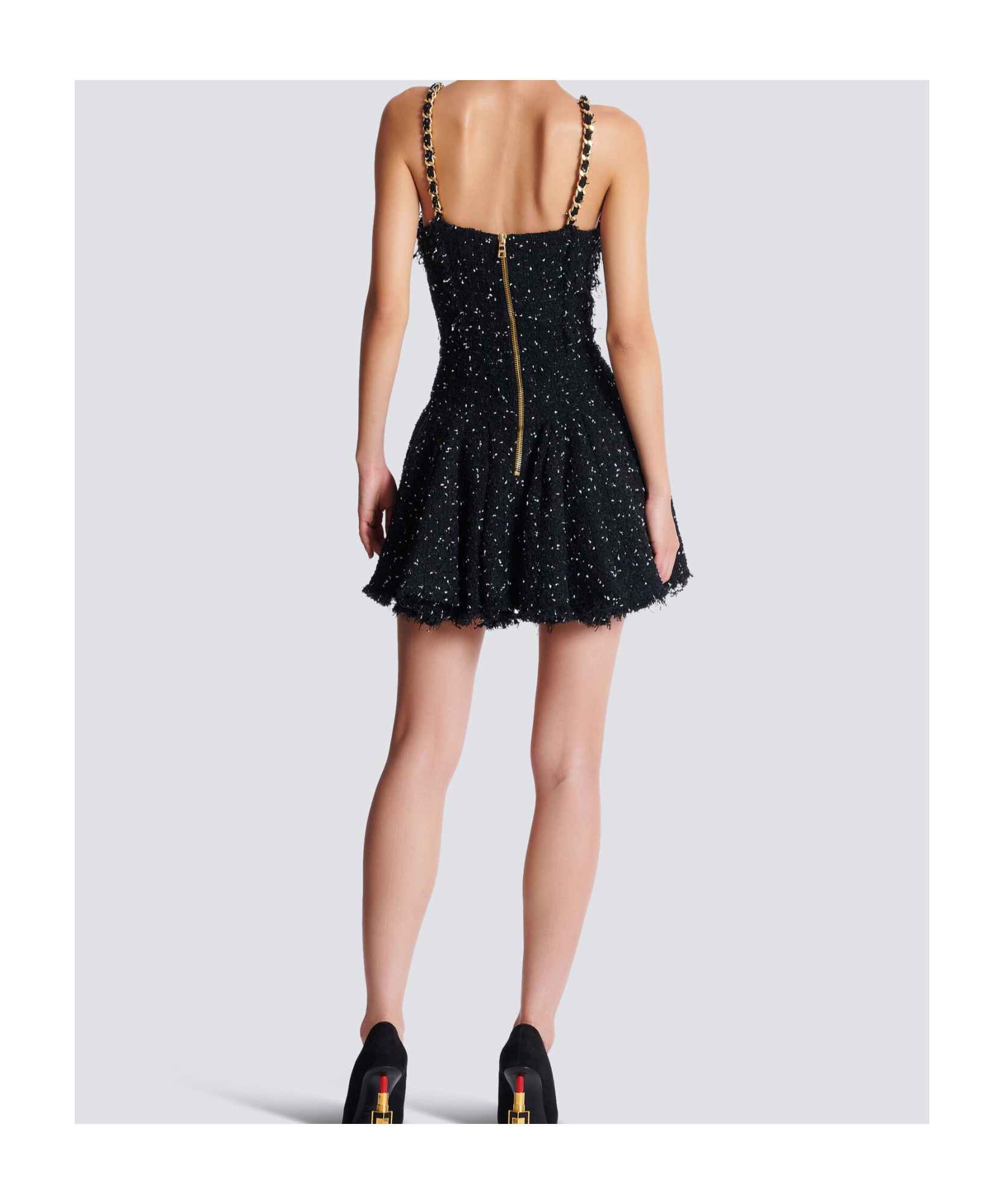 Balmain Short Polka Dot Dress With Chain Straps In Black