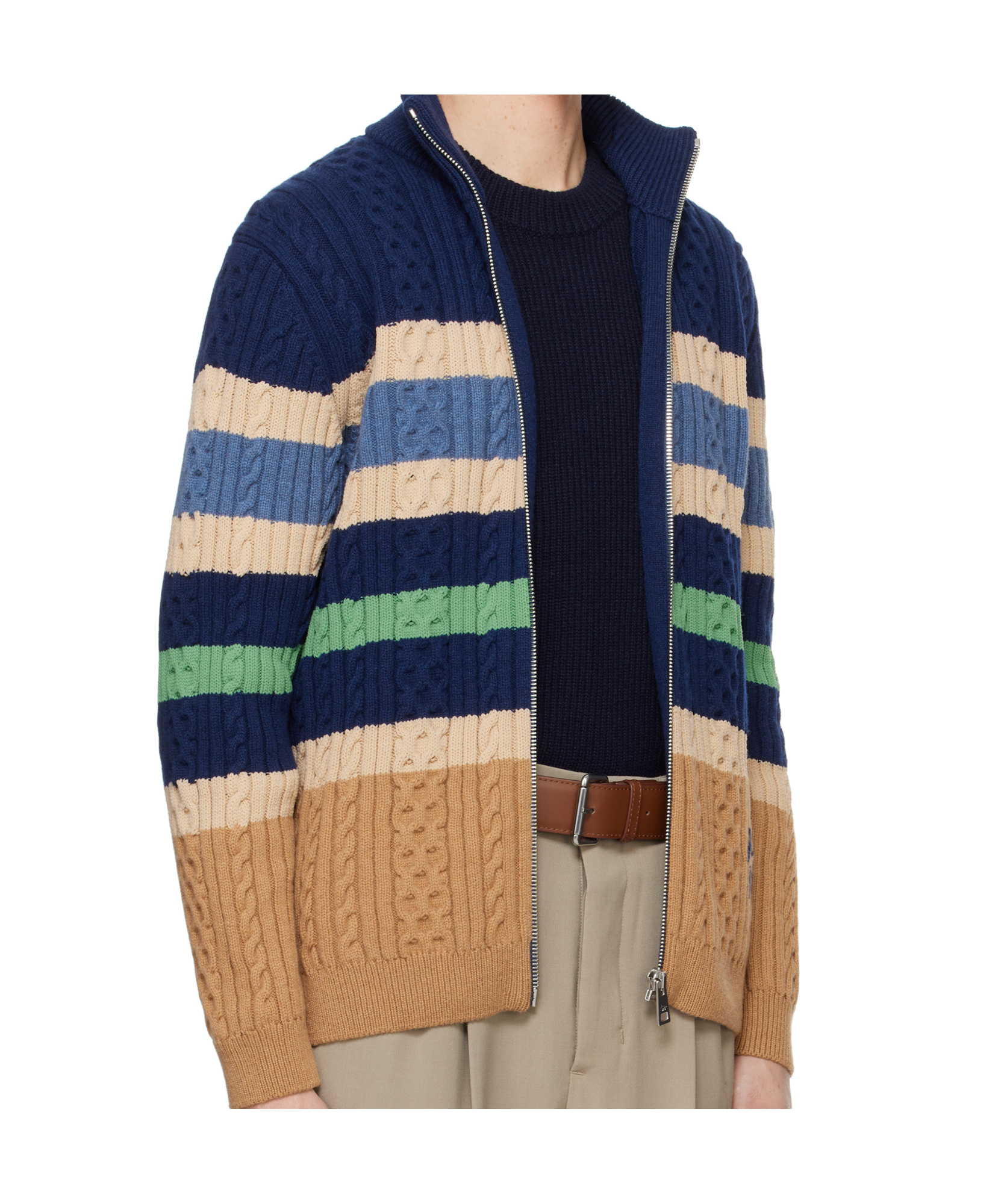 Maison Kitsuné Striped Cable Zipped Cardigan In Navy/chamomile In Nude