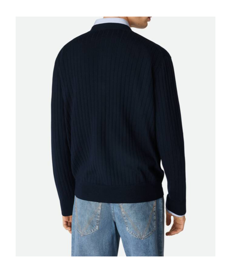 Bottega Veneta Mens Abyss Crewnck Ribbed Wool Cardigan In Blue