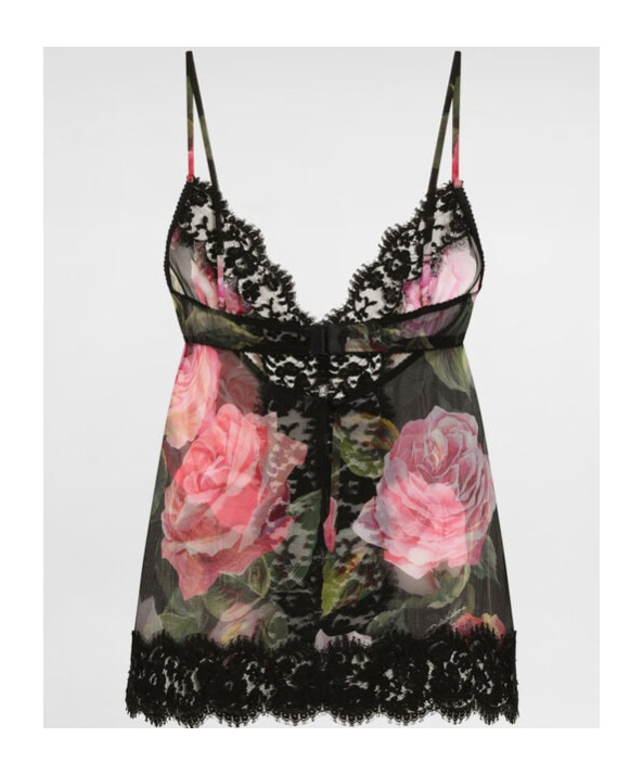 Dolce & Gabbana Chiffon And Lace Lingerie Top With Rose Print In Multi-color