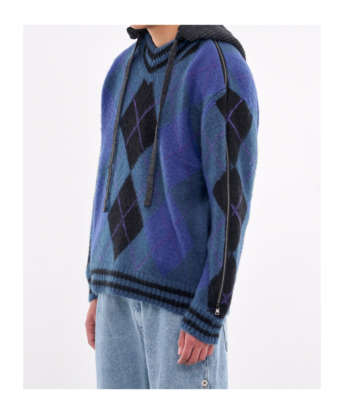 Y/project Y Project Women Embroidered Stretch Cotton Blend Oversize Sweater In Blue/grey/argyle