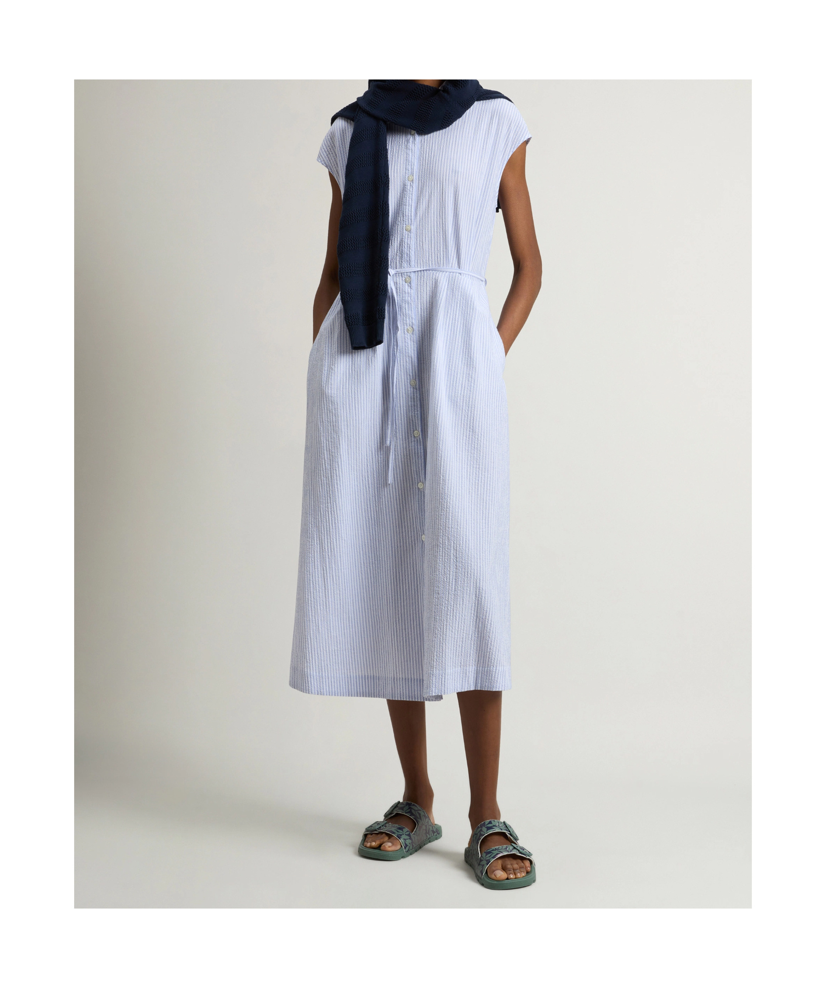 Woolrich Button-down Midi Dress With Fitted Waist And Flowing Skirt In Blue