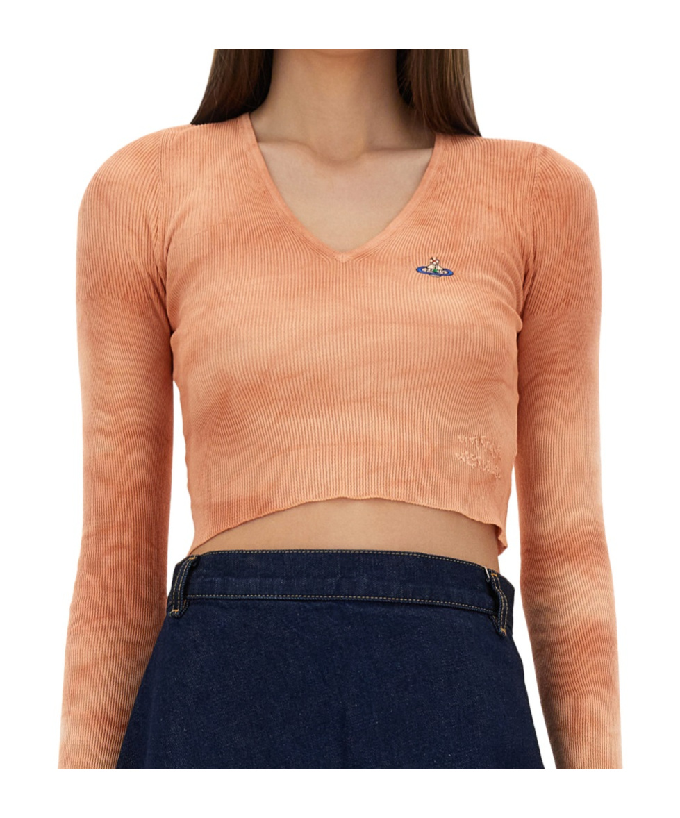 Vivienne Westwood Cropped Ribbed V-neck Slim Fit Top In Brown