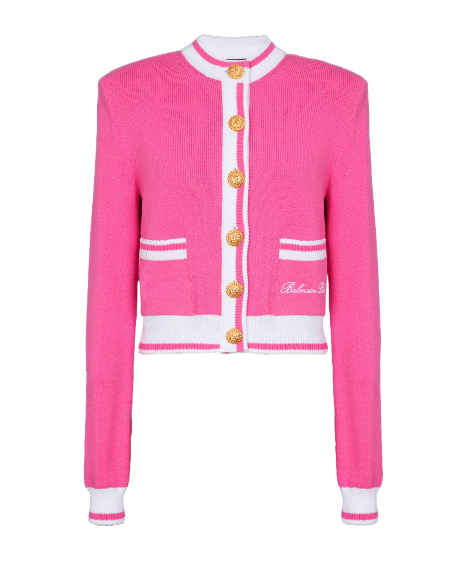Balmain Strong-shoulder Signature Buttoned Knit Cardigan In Pink