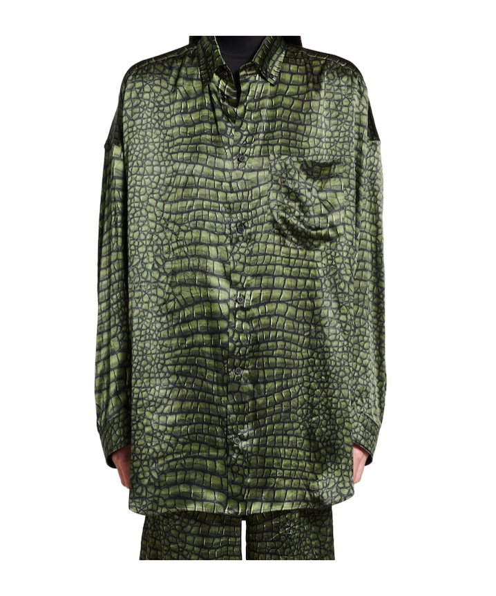Balenciaga Crocodile Print Satin Button Down Cocoon Blouse In Green