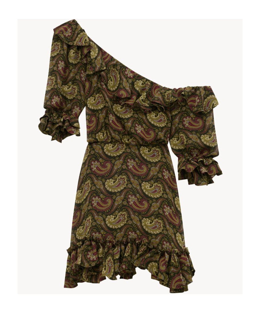 Saint Laurent Paisley Off-the-shoulder Mini Ruffled Dress In Green