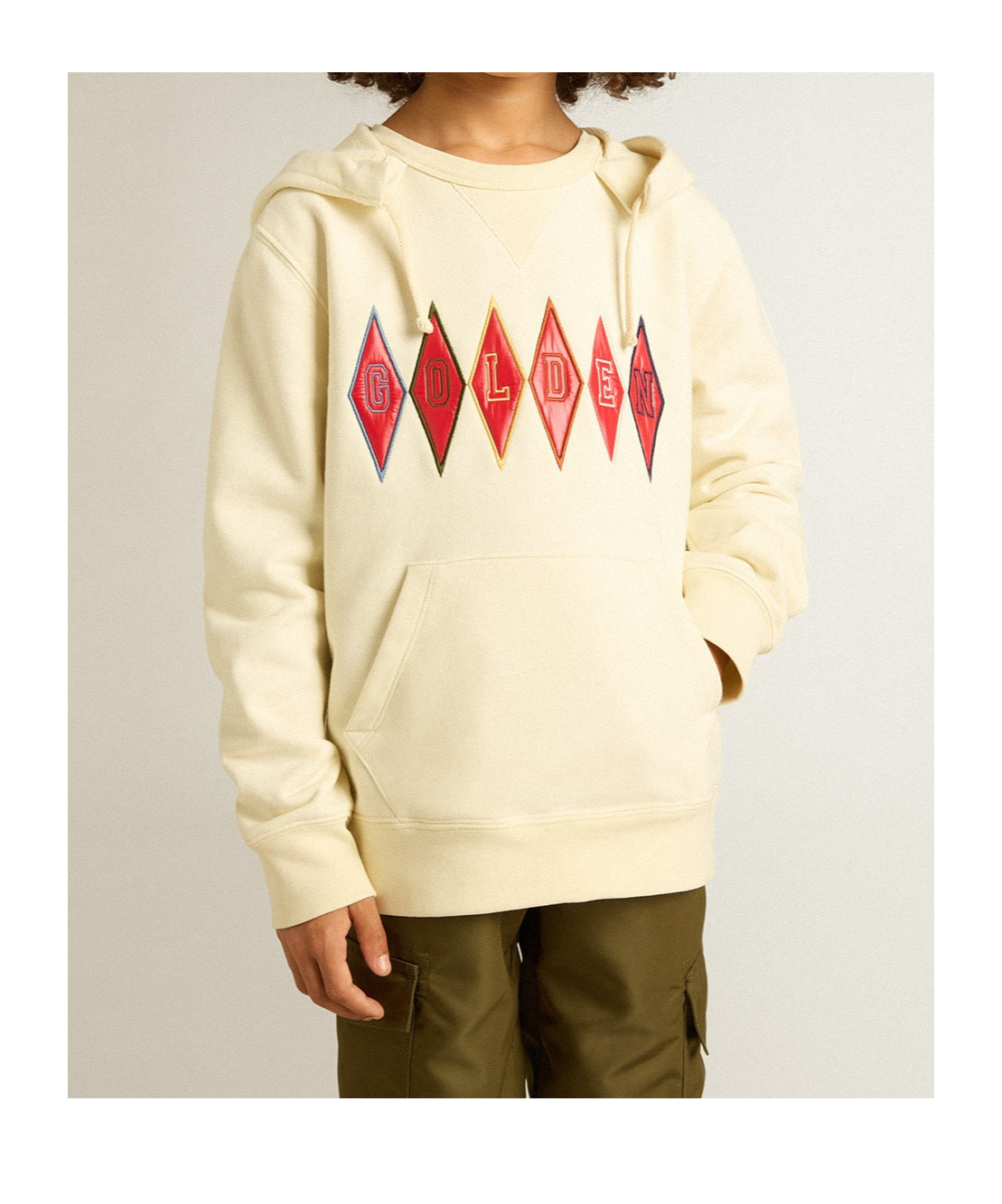 GOLDEN GOOSE HOODED SWEATSHIRT IN WORN WHITE WITH GOLDEN EMBROIDERY ON THE FRONT