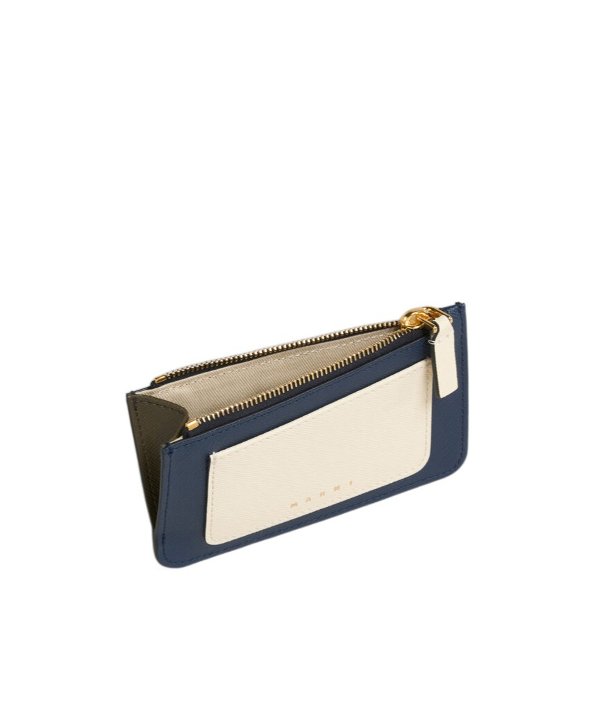 Marni Deep Blue Cream And Green Saffiano Leather Card Case In Black