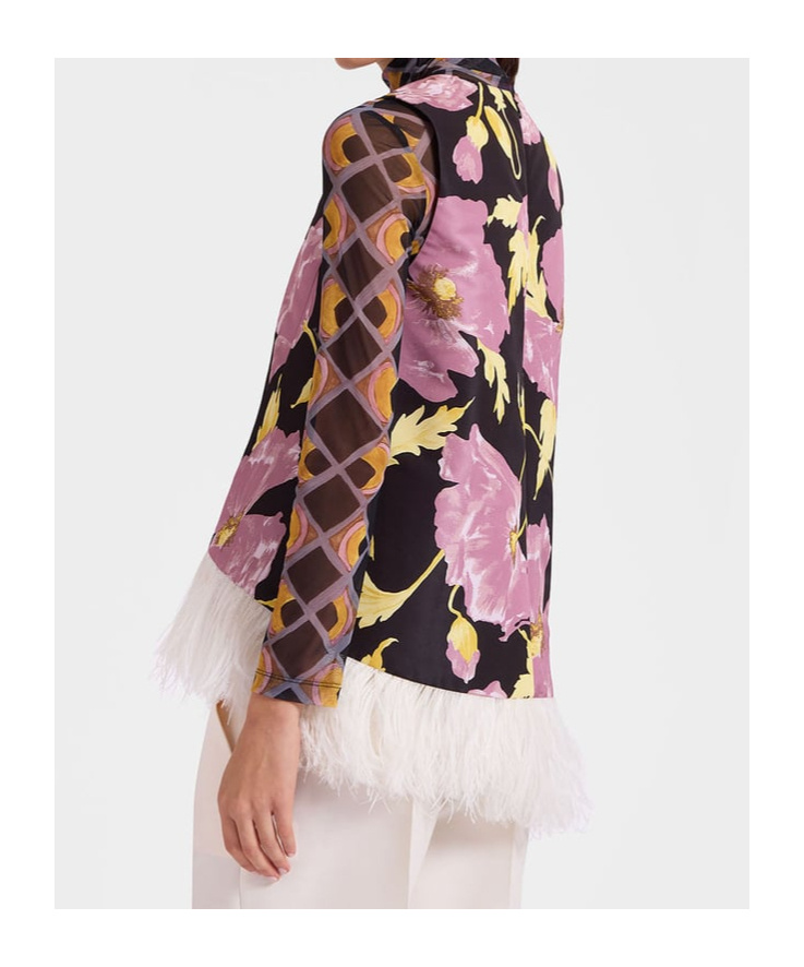 La Doublej La Double J Floral Print Top With Feather Trim In Multicolor
