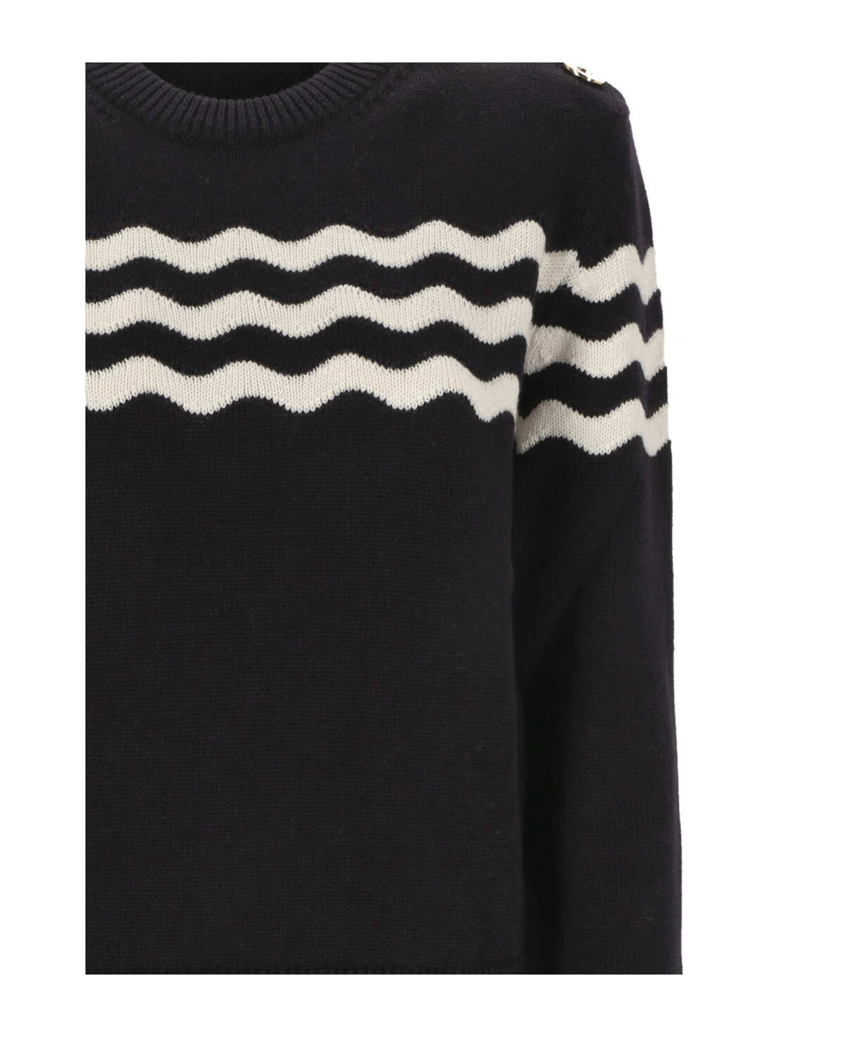 Patou Navy Blue Cotton And Wool Jumper With White Detailing In Black