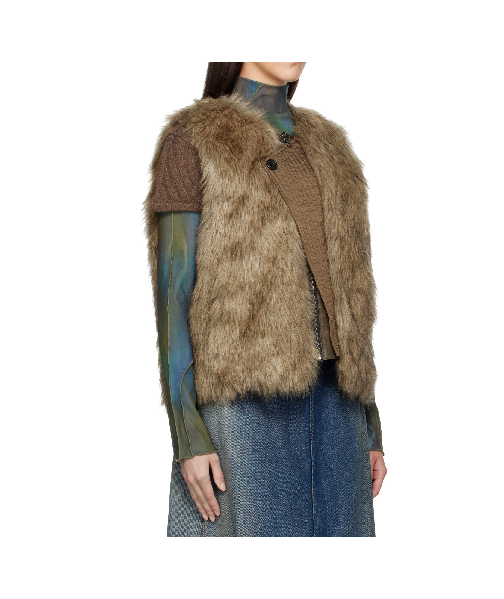 Andersson Bell Curved Placket Reversible Faux Fur Vest In Burgundy