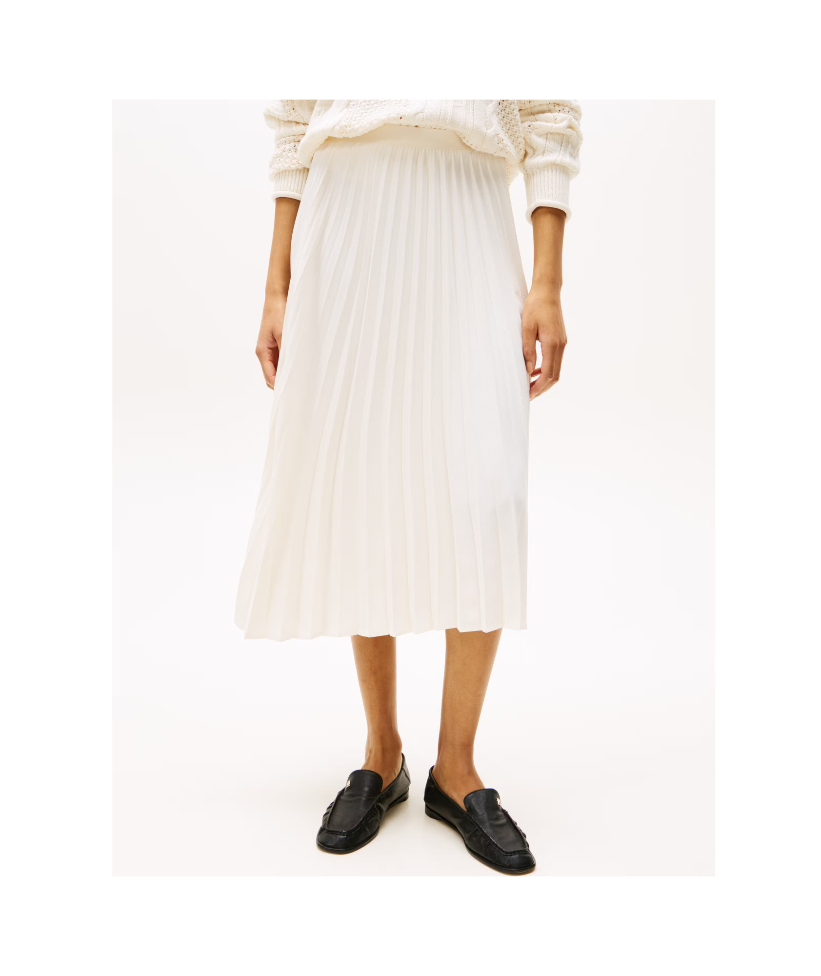 Tommy Hilfiger Logo Waistband Pleated Midi Skirt In Ivory Petal