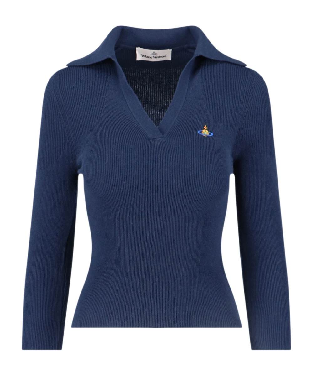 Vivienne Westwood Ribbed Texture V-neck Polo With Long Sleeves In Black