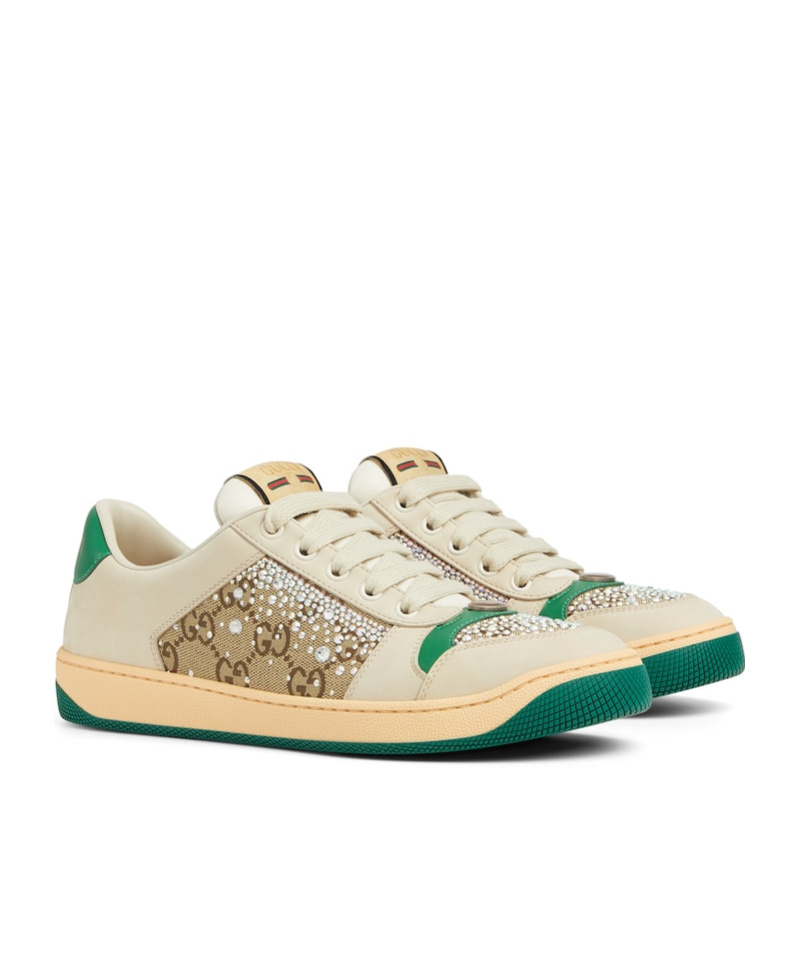 Gucci Gg Supreme Sneakers With Crystal Embellishments And Contrasting Rubber Sole In Nude