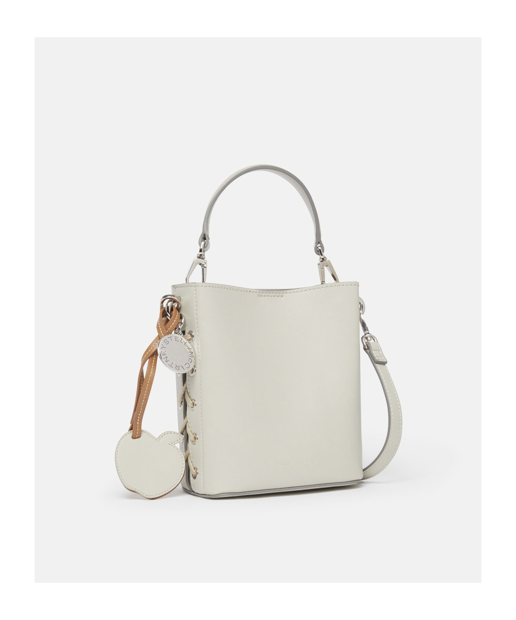 Stella Mccartney Frayme Logo-charm Bucket Bag In White