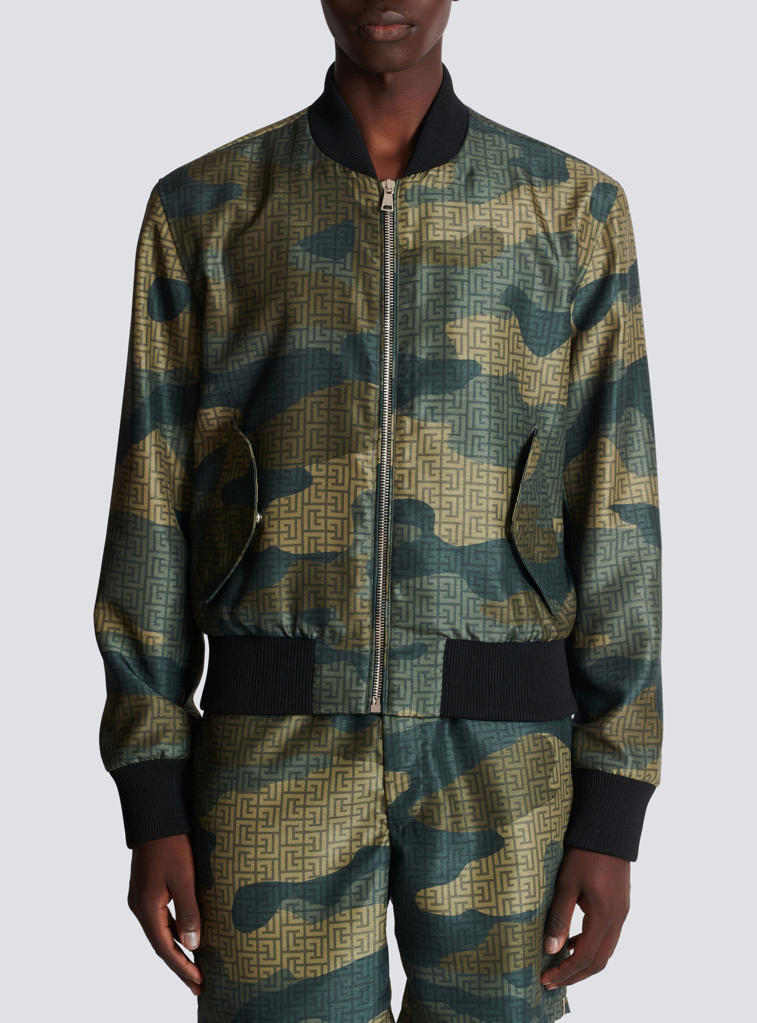 Balmain Monogram Camouflage-print Bomber Jacket In Gray
